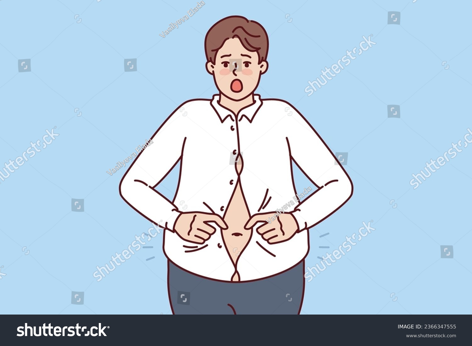 SVG of Fat man with big belly is trying to button up small shirt and is screaming in excitement at being overweight. Overweight guy needs help of nutritionist or fitness trainer to get rid of excess weight. svg