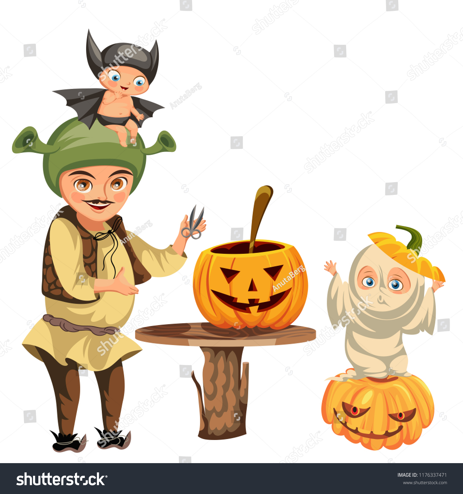 SVG of Father with kids carving Hallows pumpkin poster svg
