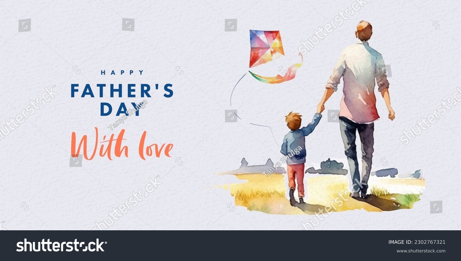 SVG of Fathers Day card with cute watercolor illustration of dad with son fly a kite and walking together, modern typography, holiday wishes. Father's Day templates for poster, cover, banner, social media svg