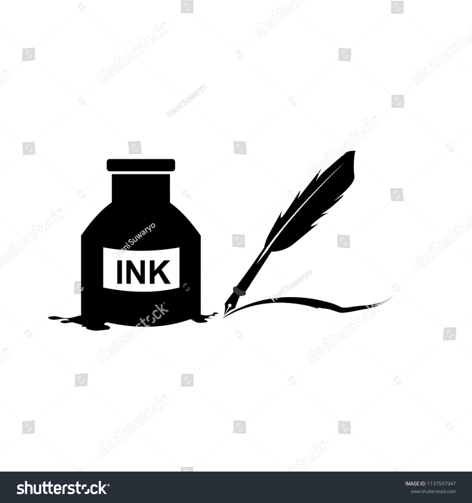 Feather Pen Inkwell Drawing Ancient Stationery: vector de stock (libre