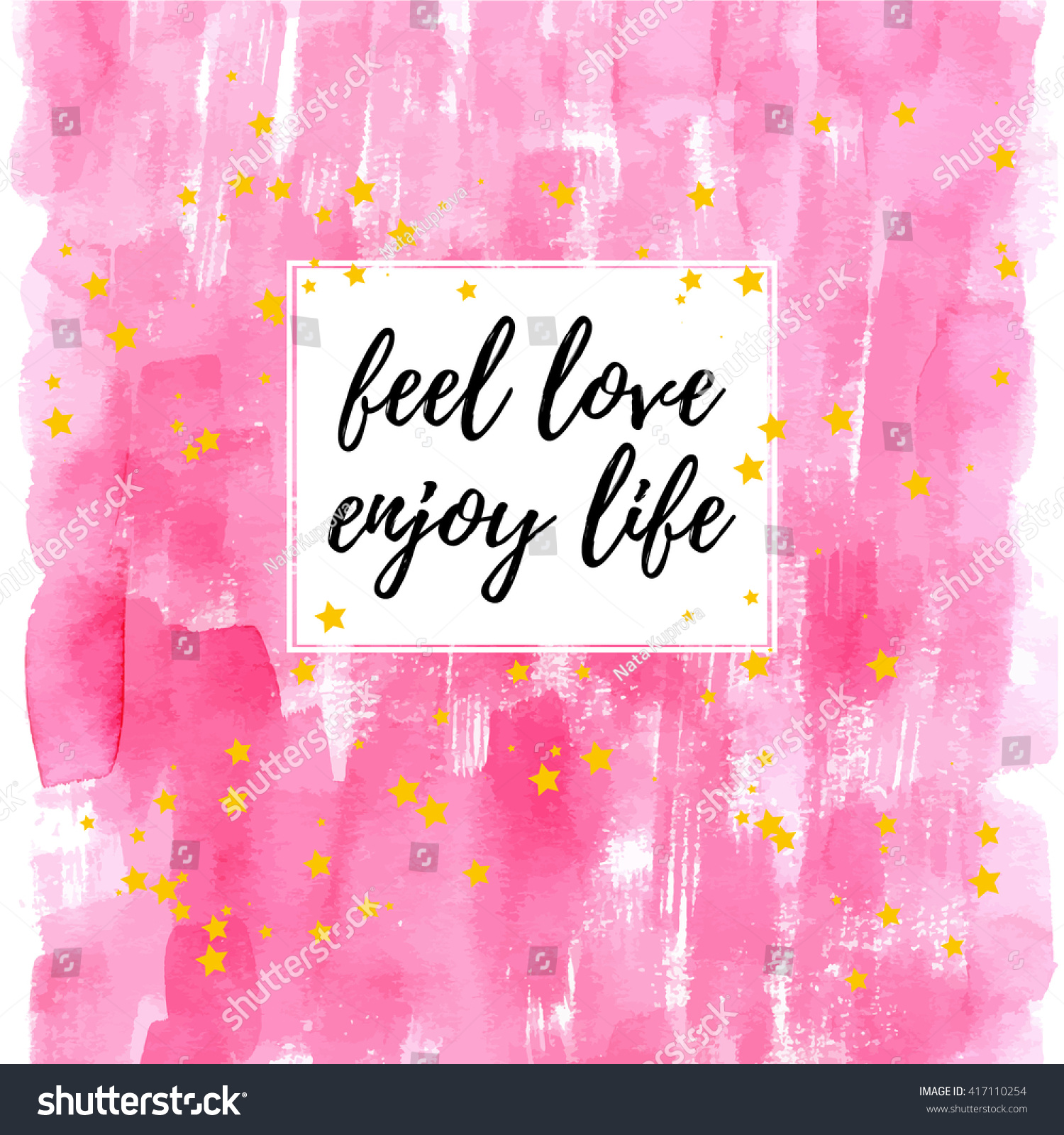 Feel love enjoy life inspirational quote greeting card Vector hand lettering with pink watercolor abstract