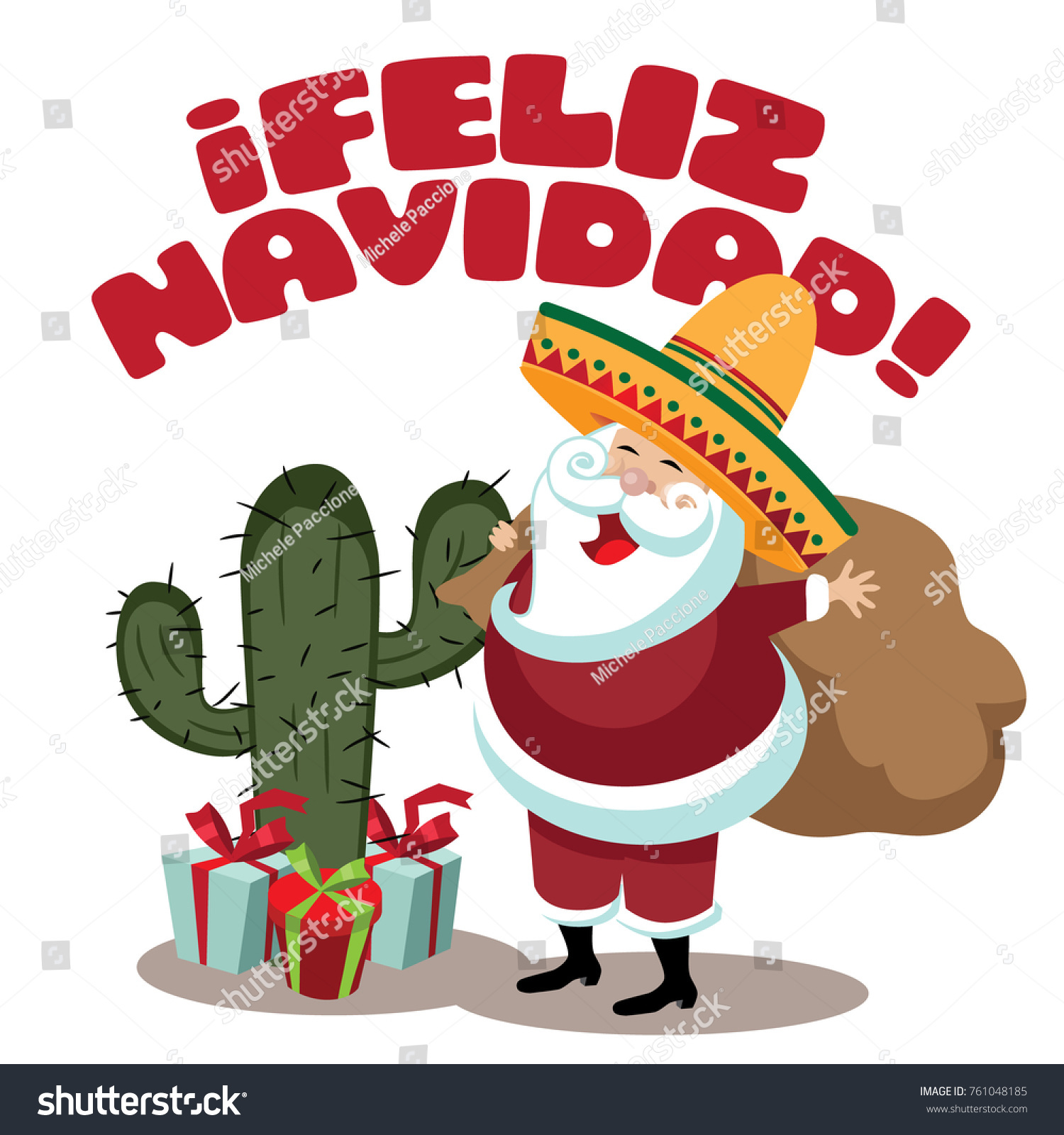 Feliz Navidad Merry Christmas Happy Holidays illustration with cartoon cactus and Santa Claus wearing