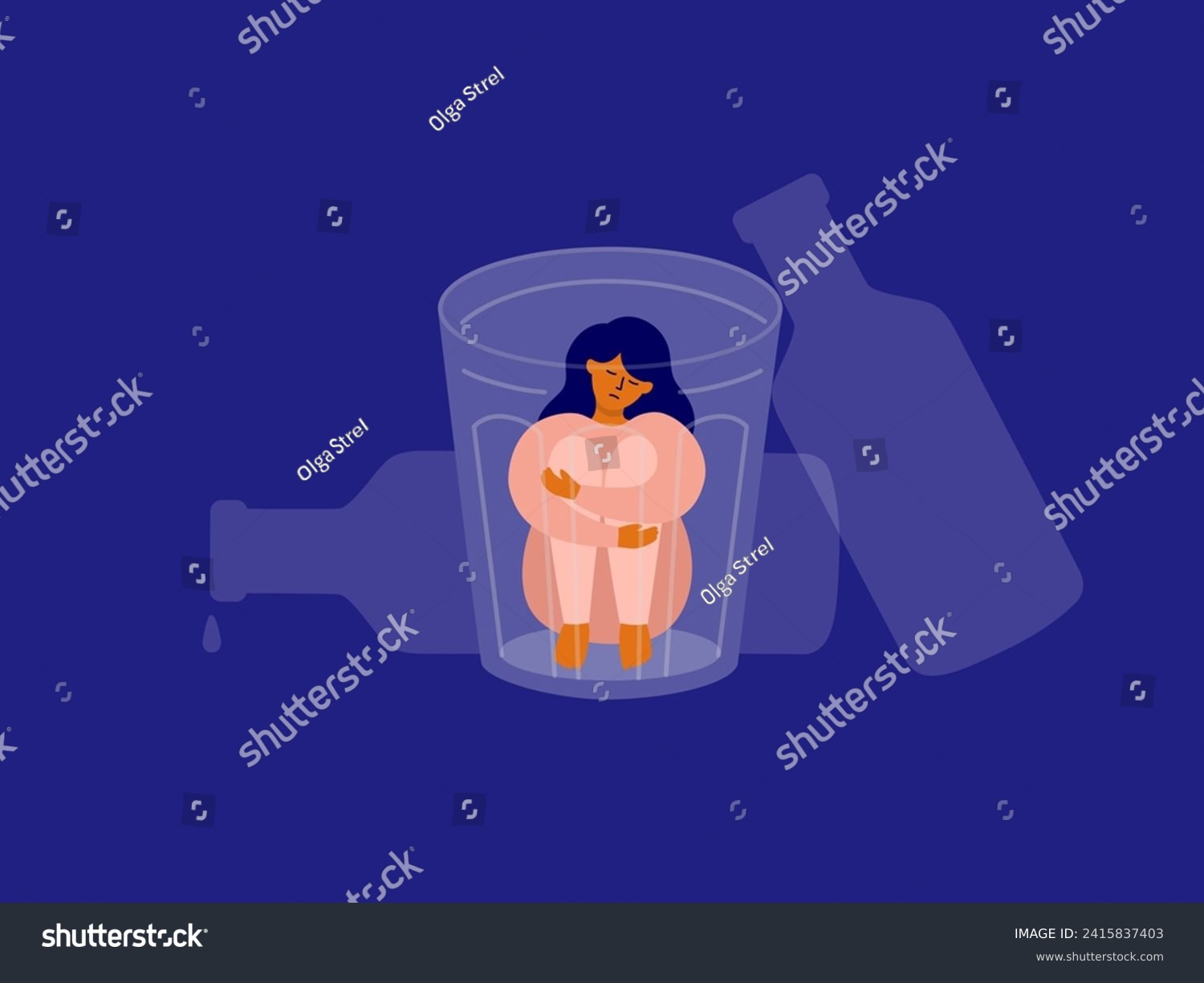 SVG of Female alcoholism concept. Unhappy woman sitting into drink glass hugging her knees. Sad drunk wife or alcoholic mother. Social issue, alcohol abuse, addiction, depression. Booze vector Illustration svg