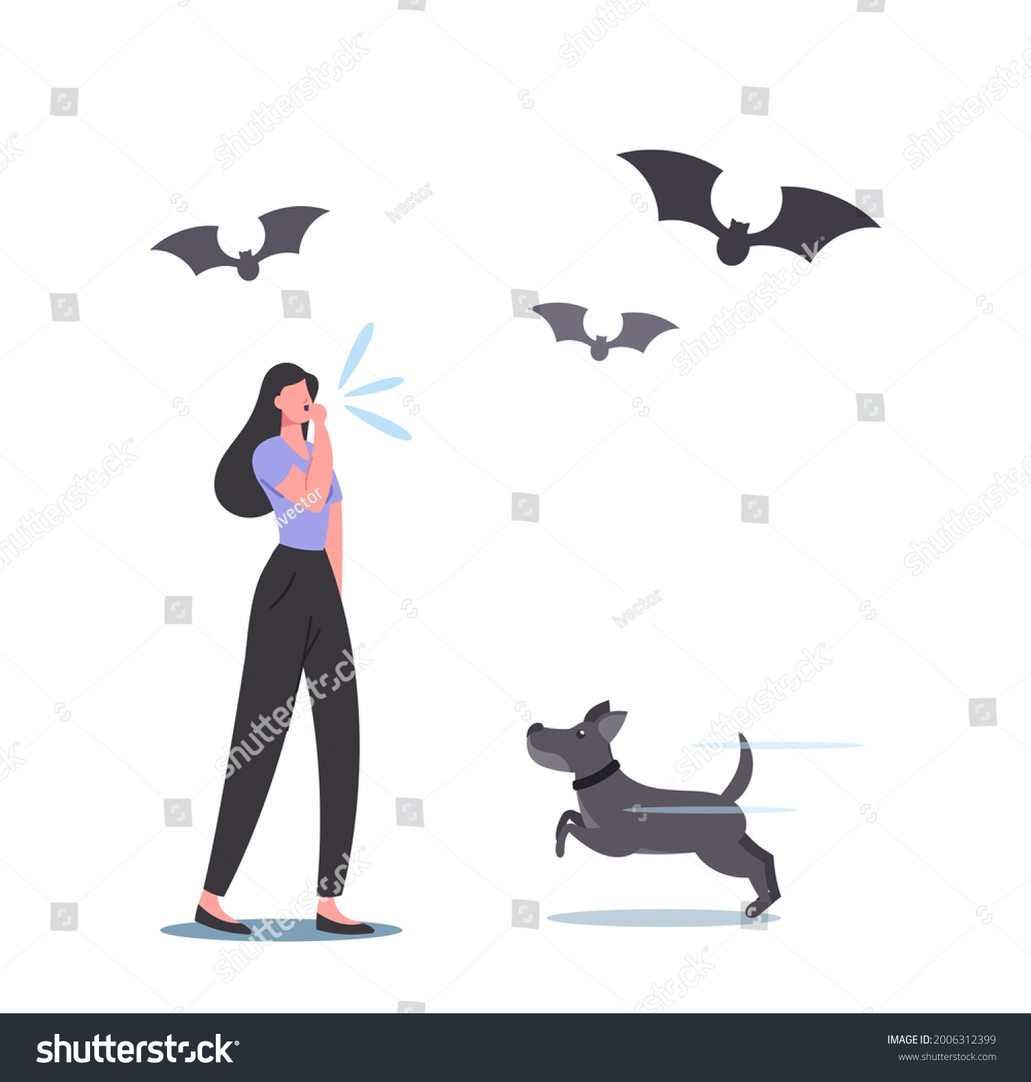 SVG of Female Character Whistle Call Dog during Outdoor Walk or Training, Bats and Doggy Listen Ultra Sound Frequency Waves in Nature which Human cant Hear. Cartoon People Vector Illustration svg