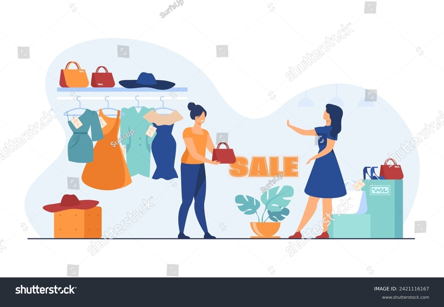 SVG of Female customer refusing to branded bag and choosing clothes in sale. Shop with dresses, hats, bags and shoes. Woman buying less luxury branded clothes. Fashion, sale, shopping concept svg