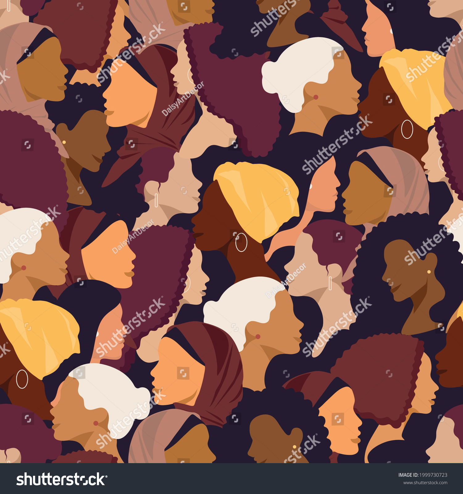 Female Diverse Faces Different Ethnicity Seamless Stock Vector Royalty