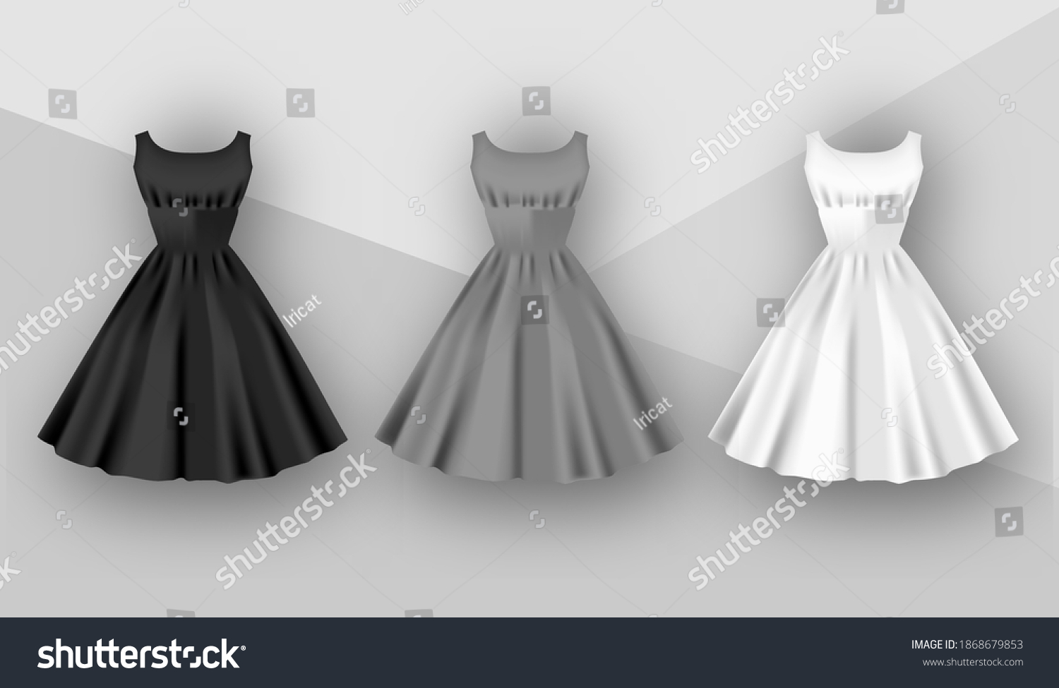 SVG of Female dresses mockup collection. Dress with puffy skirt with pleats. Realistic Festive 3d dress without sleeves. White, gray and black variation isolated on a grey background. Vector illustration svg