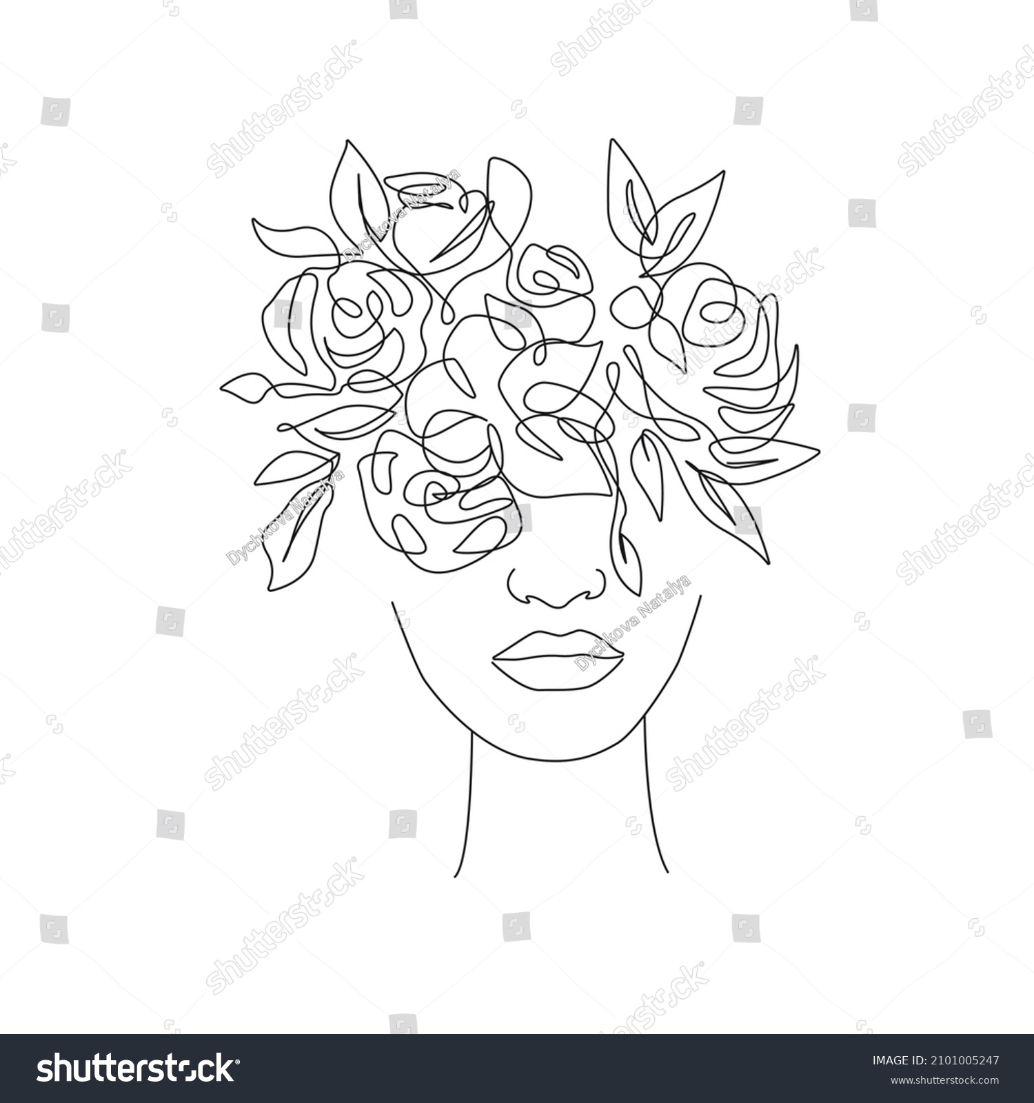 Female Face Flowers Line Art Drawing Stock Vector (Royalty Free ...