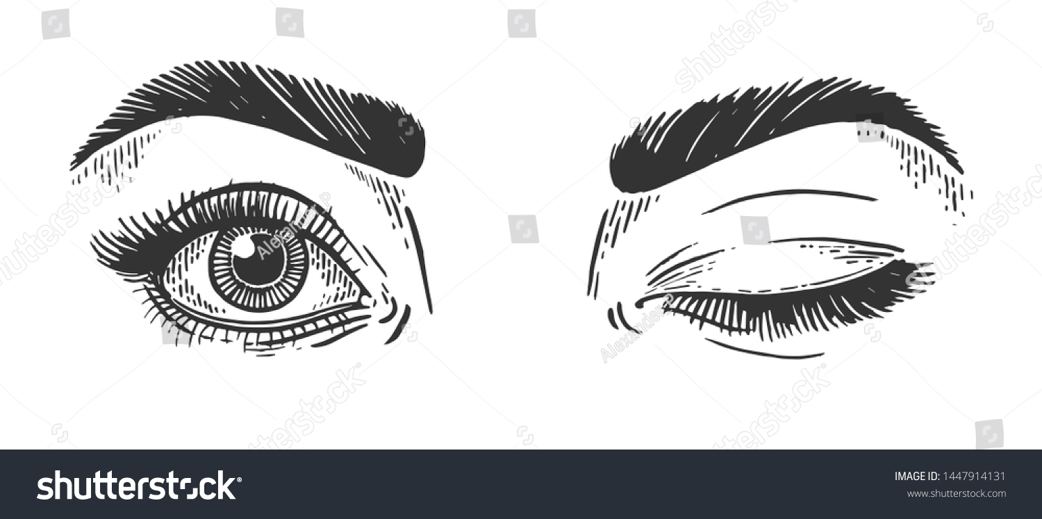 SVG of Female flirt winking eyes sketch engraving vector illustration. Scratch board style imitation. Hand drawn image. svg