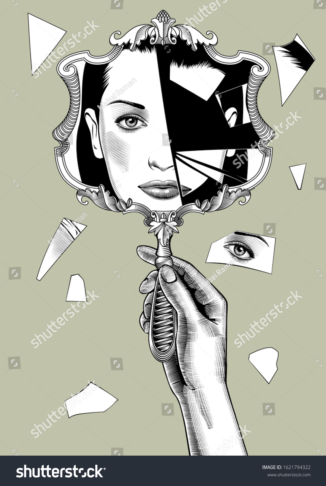 SVG of Female hand holding a broken retro mirror with a decorative frame and woman face reflection in the shards. Vintage engraving stylized drawing. Vector Illustration svg