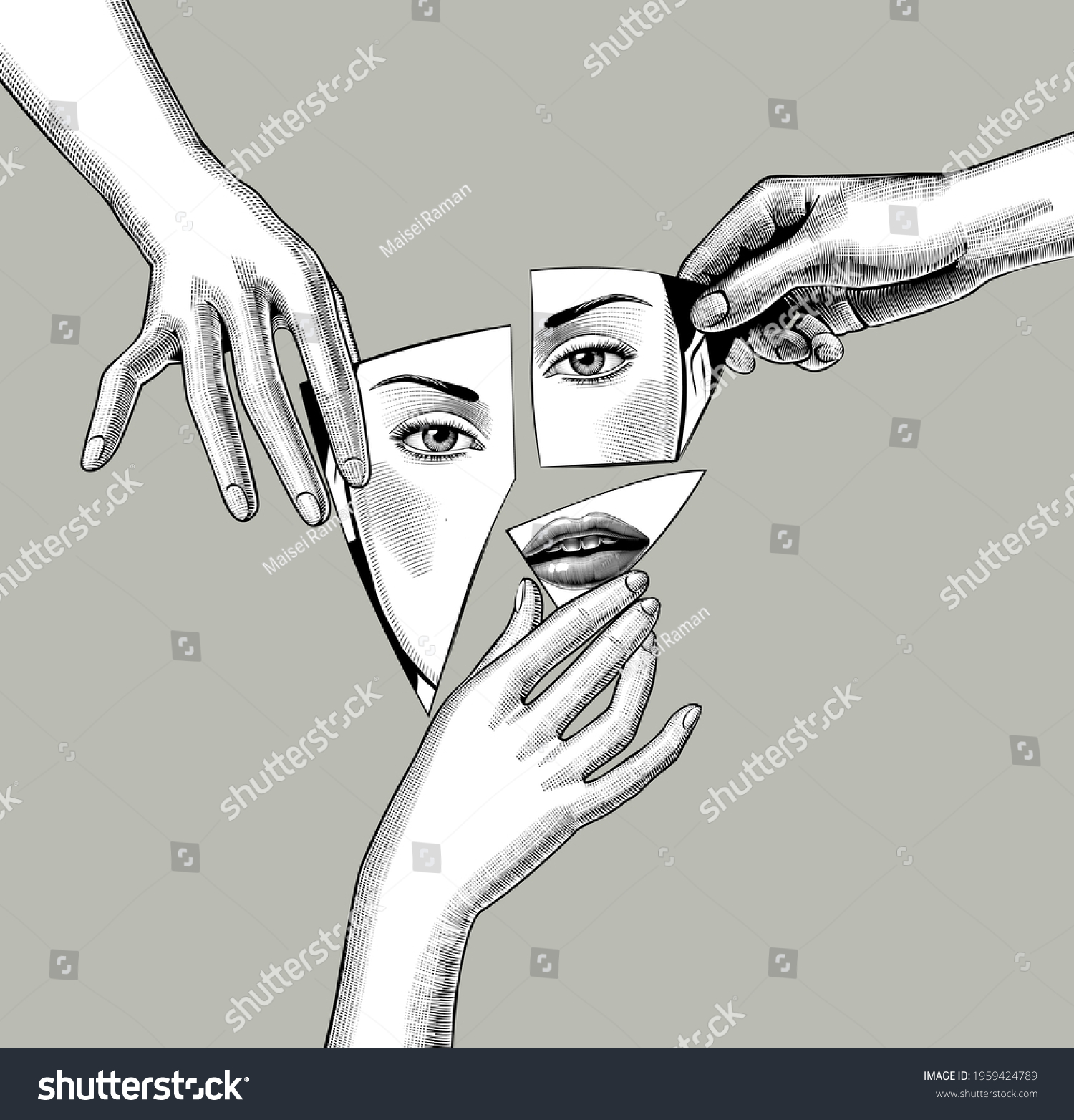 SVG of Female hands holding in fingers fragments of a broken mirror with a reflection of a female face. Vector Illustration svg