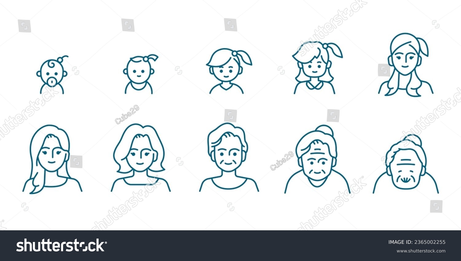 SVG of Female portrait at different ages, preschooler, kid, primary school, senior school, teenager, young, elderly illustration life cycle concept. Editable Vector Stroke. svg