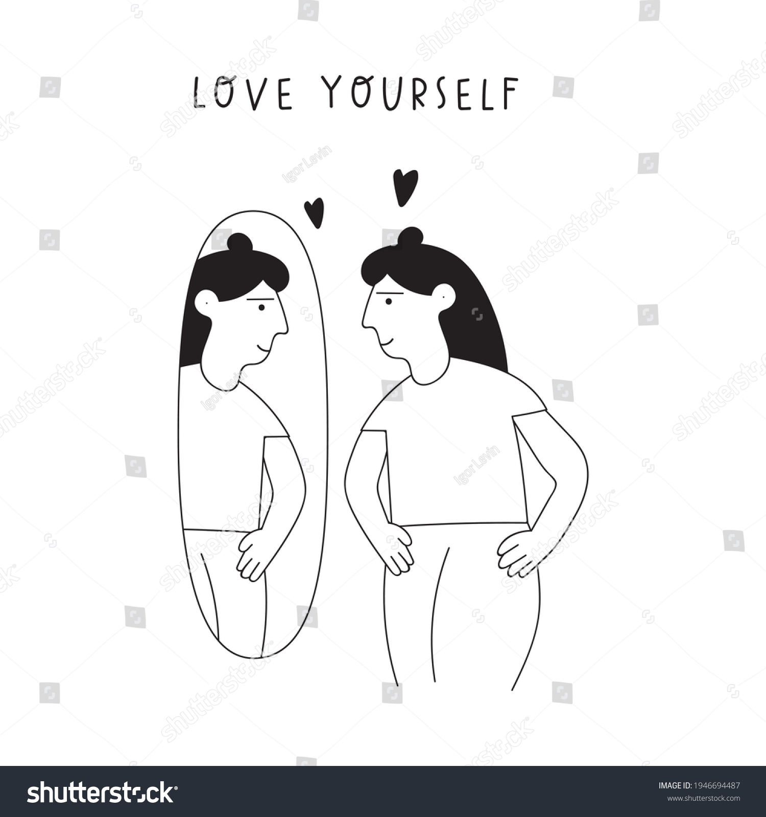 SVG of Female standing before mirror and smiling to herself. Love yourself. Outline vector illustration on white background. svg