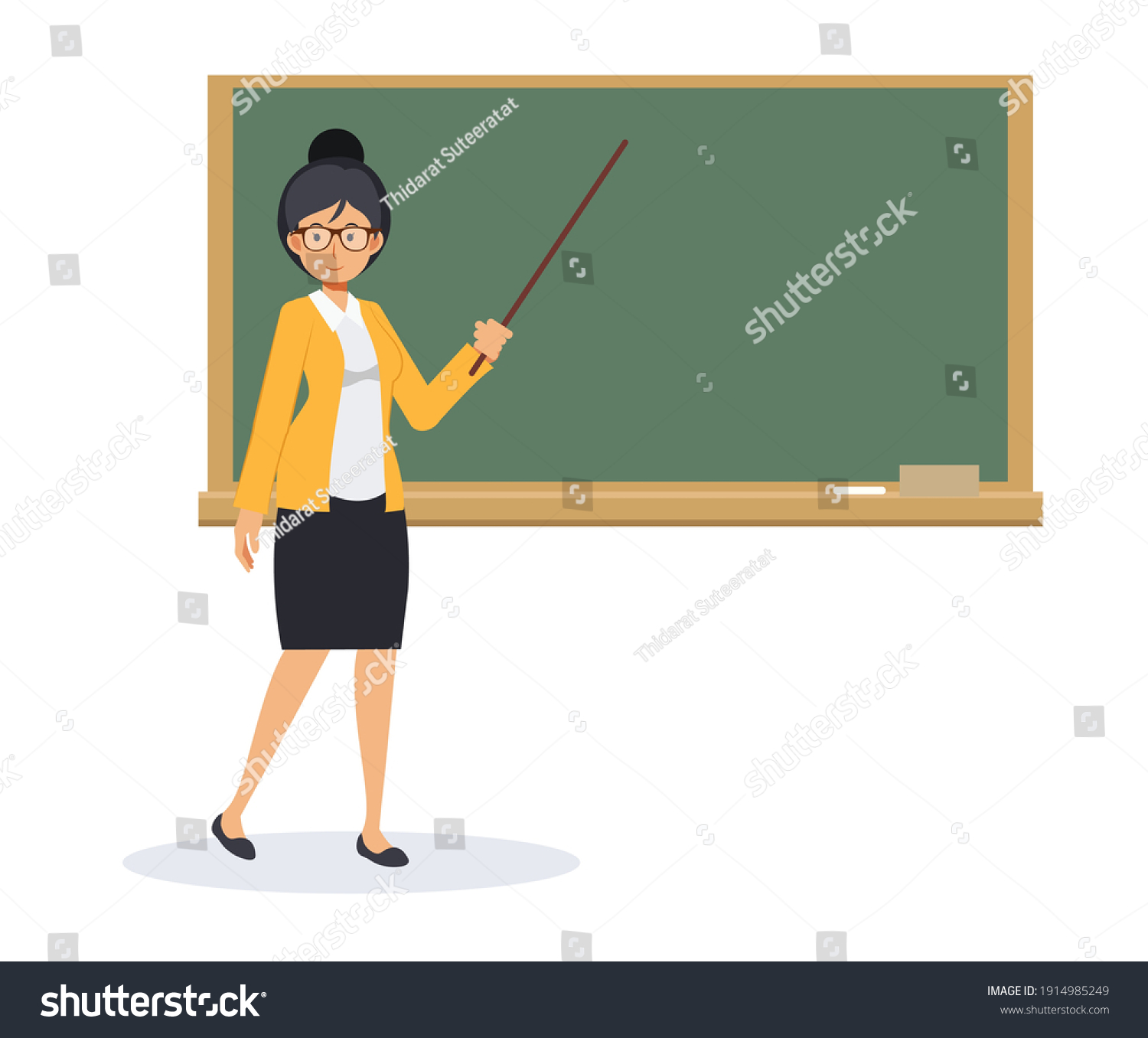 Female Teacher Blank Blackboard Pointing Stickteacher Stock Vector Royalty Free 1914985249 9436