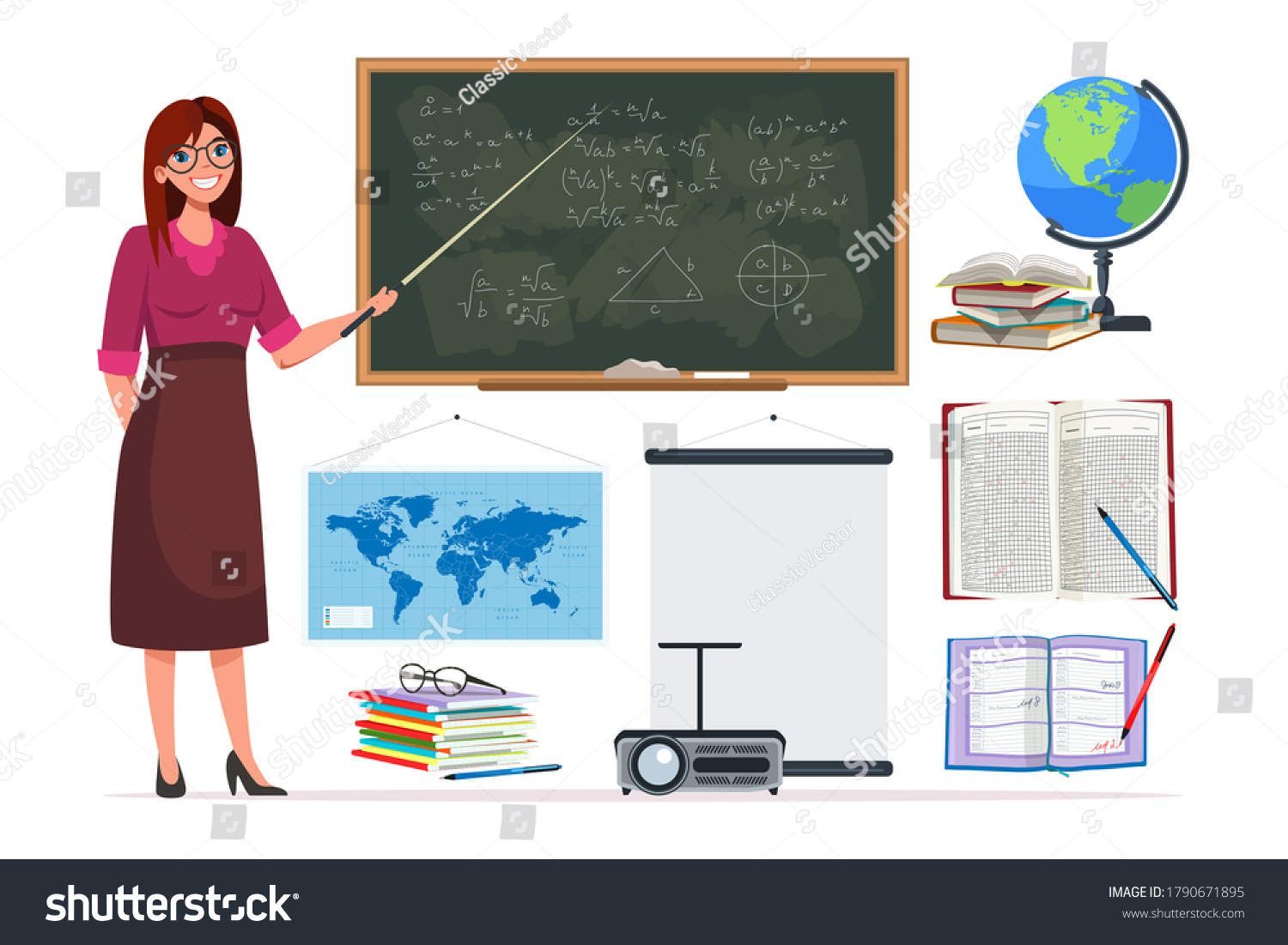 Female Teacher Pointer Standing Near Blackboard Stock Vector Royalty Free 1790671895 1750