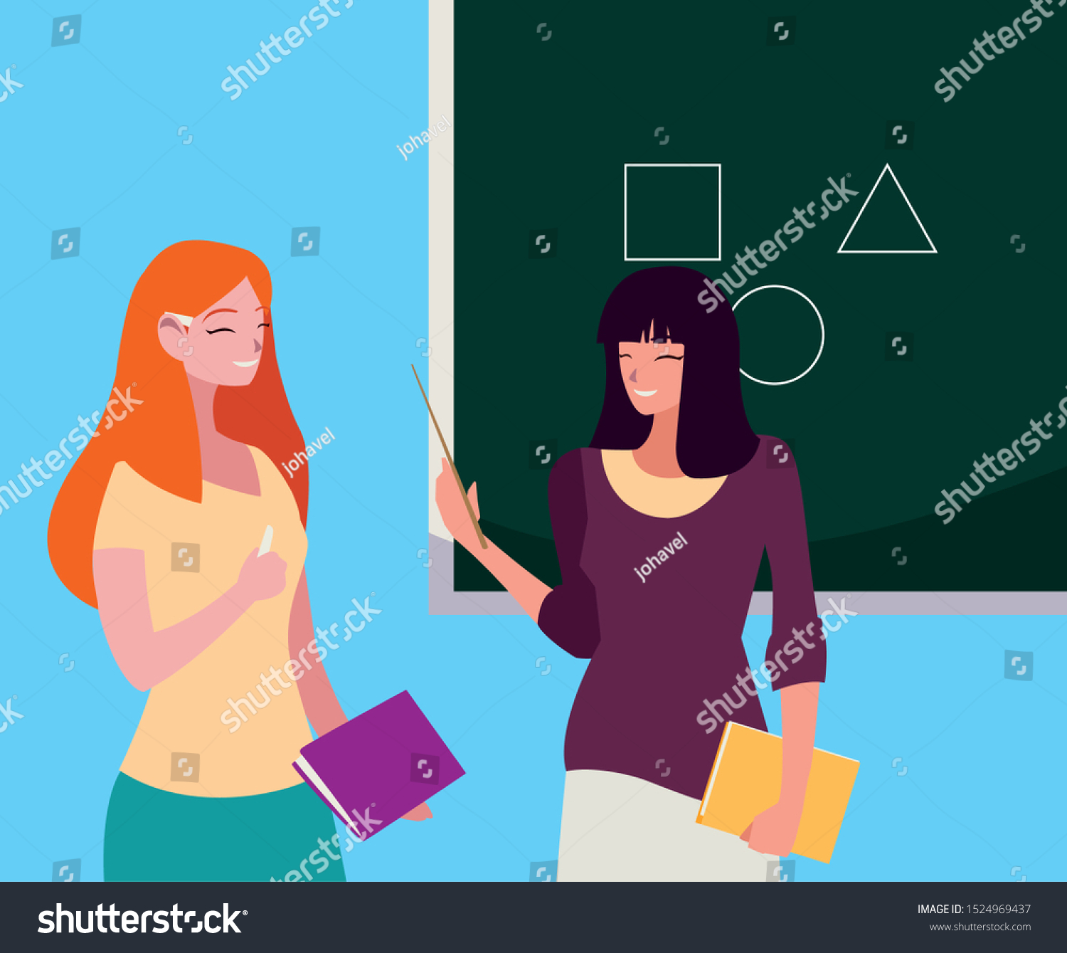 Female Teachers Couple Textbooks Chalkboard Vector Stock Vector Royalty Free 1524969437 5473