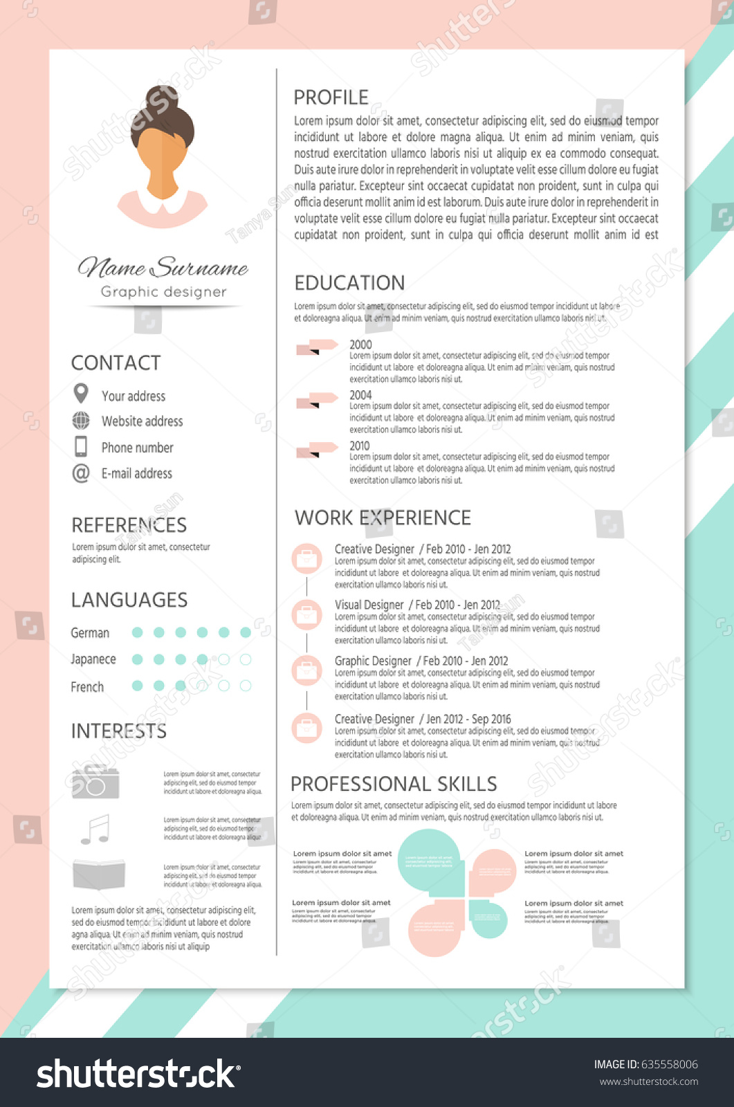 feminine resume infographic design stylish cv stock vector 635558006