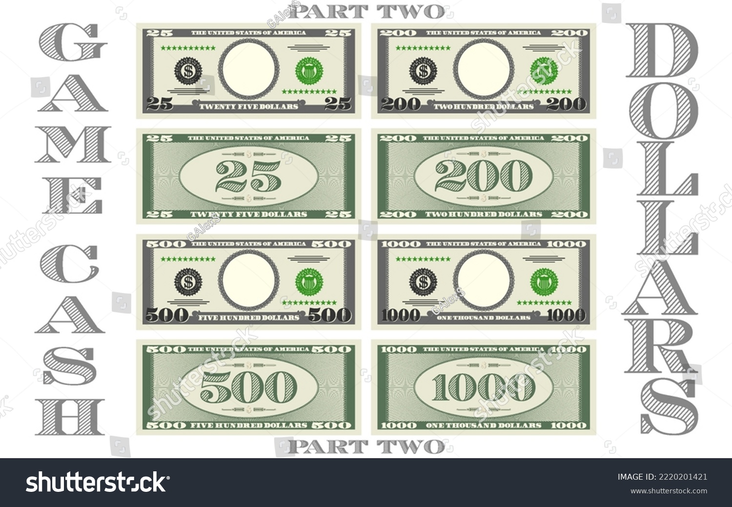 SVG of Fictional game paper money in the style of US dollars. Gray obverse and green reverse of banknotes with denominations of 25, 200, 500 and 1000. Empty round in center. Part two svg