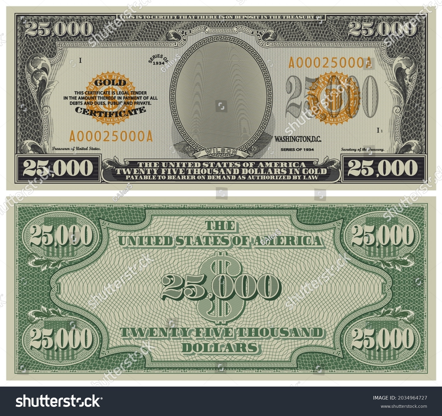 SVG of Fictional obverse and reverse of a gold certificate with a face value of 25,000 dollars. US paper money svg