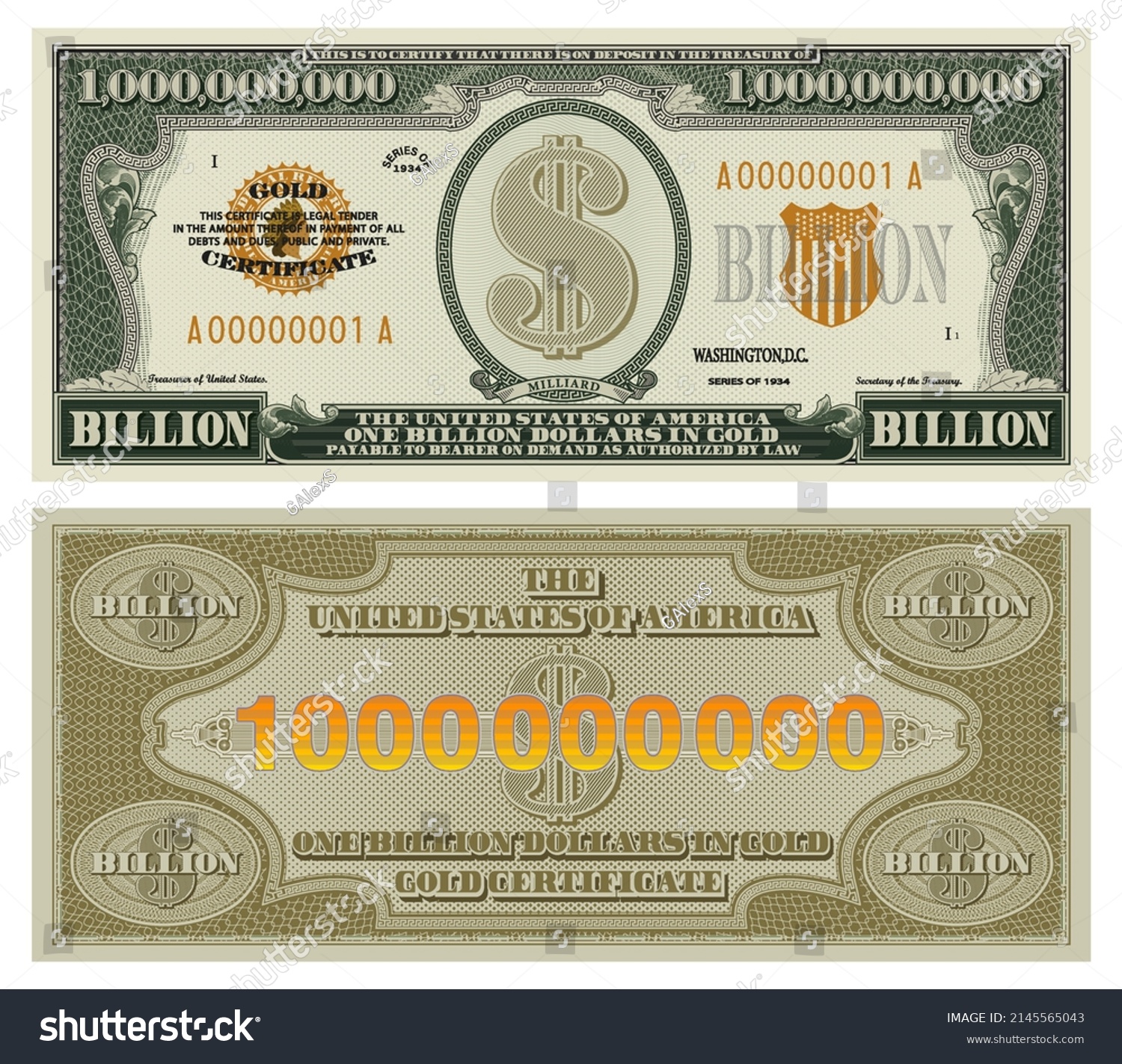 SVG of Fictional obverse and reverse of a one billion dollars gold certificate. Vintage paper money in USA style svg