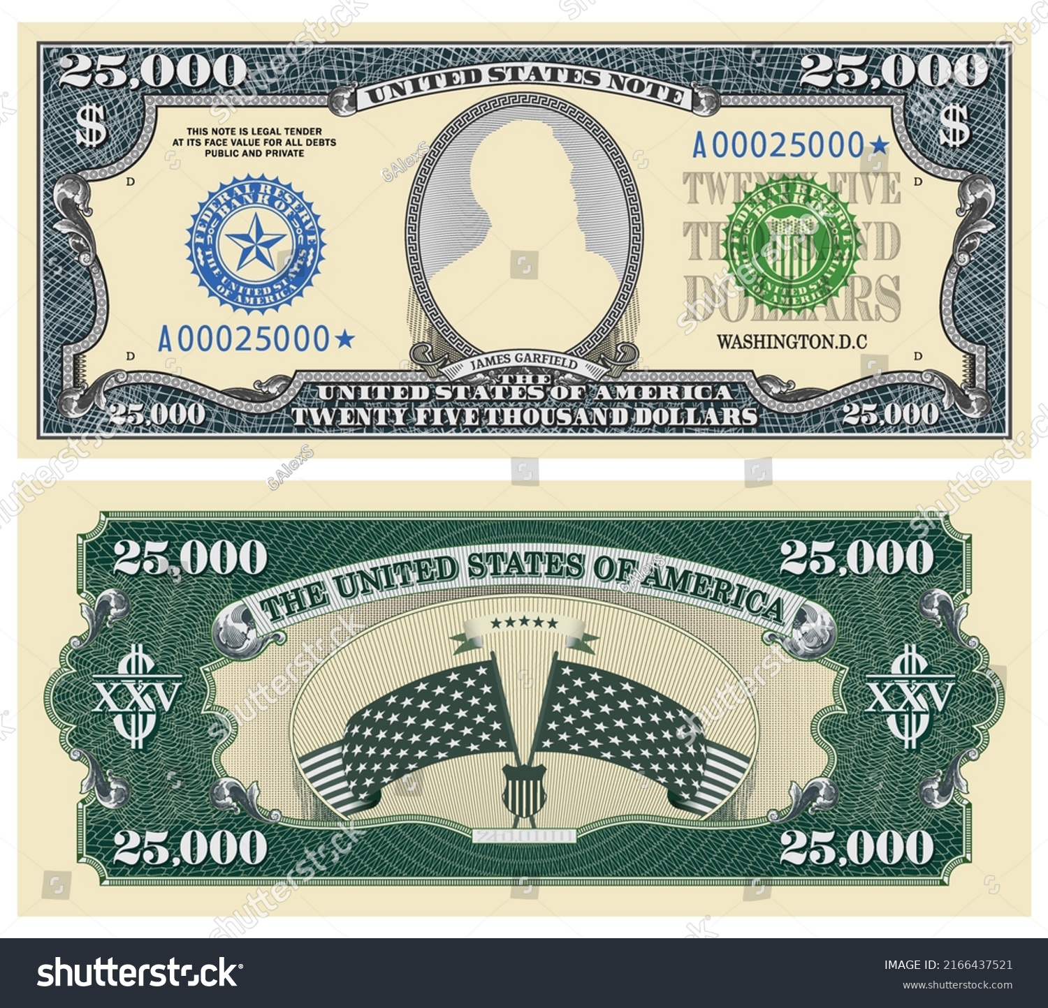 SVG of Fictional template obverse and reverse of US paper money. Twenty five thousand dollars banknote. Empty oval and guilloche frames. Wavy striped stary flag. James Garfield svg