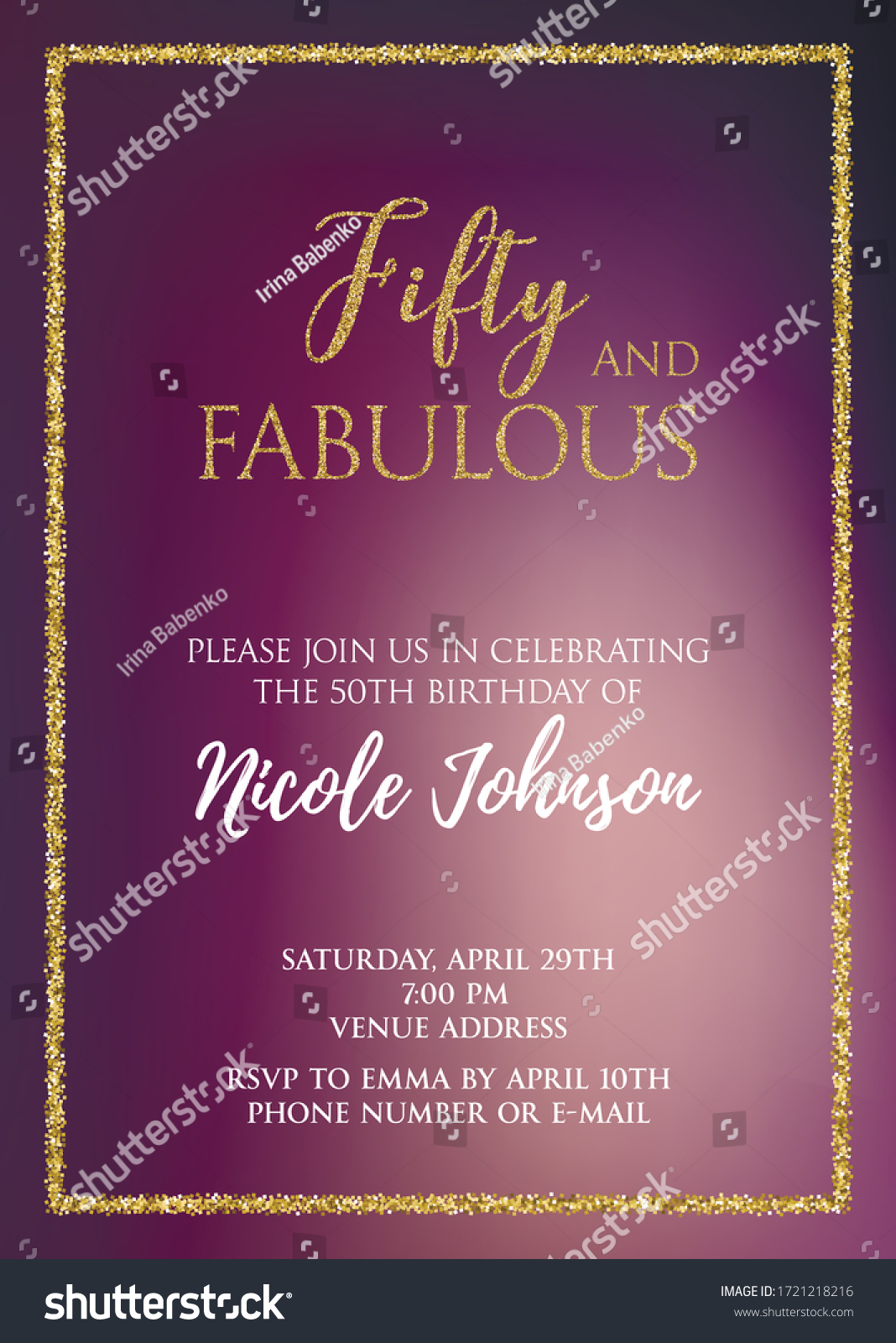 SVG of Fifty and Fabulous. Birthday party vector printable invitation card with golden glitter elements. svg