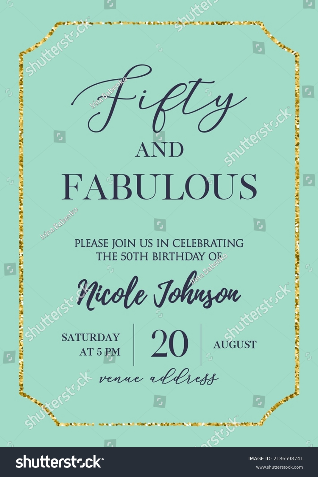 SVG of Fifty and Fabulous. Birthday party vector printable invitation card with golden glitter elements. svg