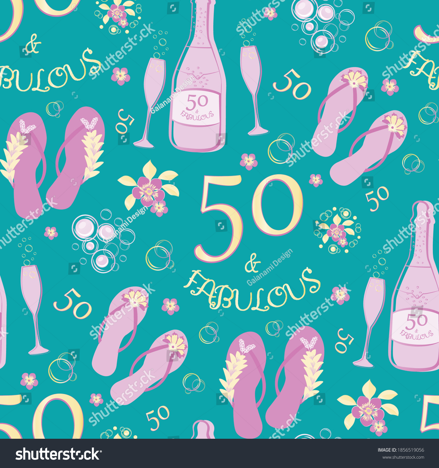 SVG of Fifty and fabulous seamless vector pattern background. Luxurious pink,gold, aqua blue backdrop with text, flip flop shoes, Champagne bottles, fizzing glasses, flowers. For birthday celebration concept svg