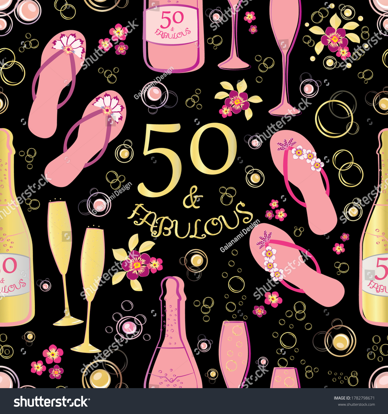 SVG of Fifty and fabulous seamless vector pattern background. Pink,gold and black backdrop with text, flip flop shoes,, Champagne bottles, fizzing glasses, flowers. For beach birthday celebration concept svg