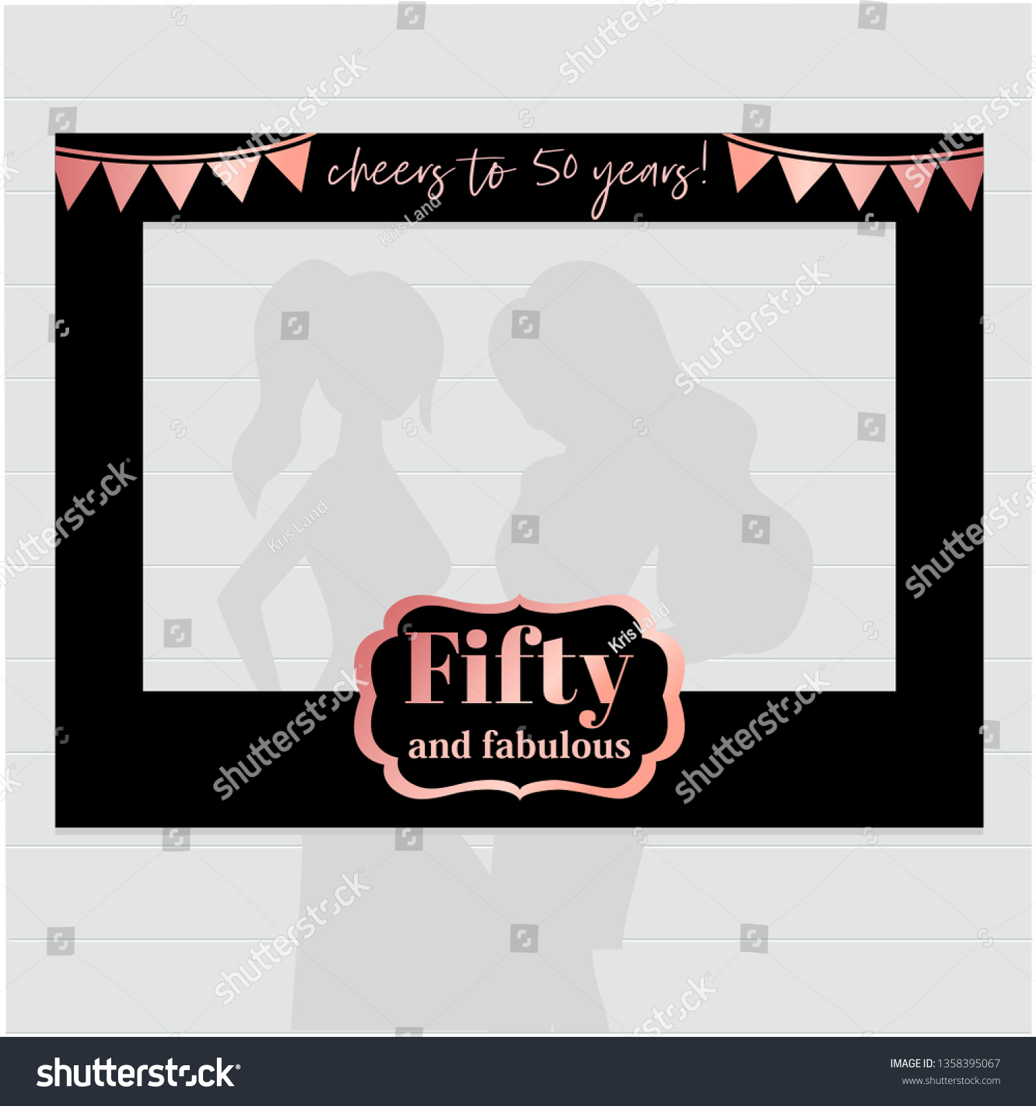 SVG of Fifty and fabulous - 50th birthday black and rose gold photo booth frame. Strike a Pose photoshooting with props on sticks. Vector template.
 svg