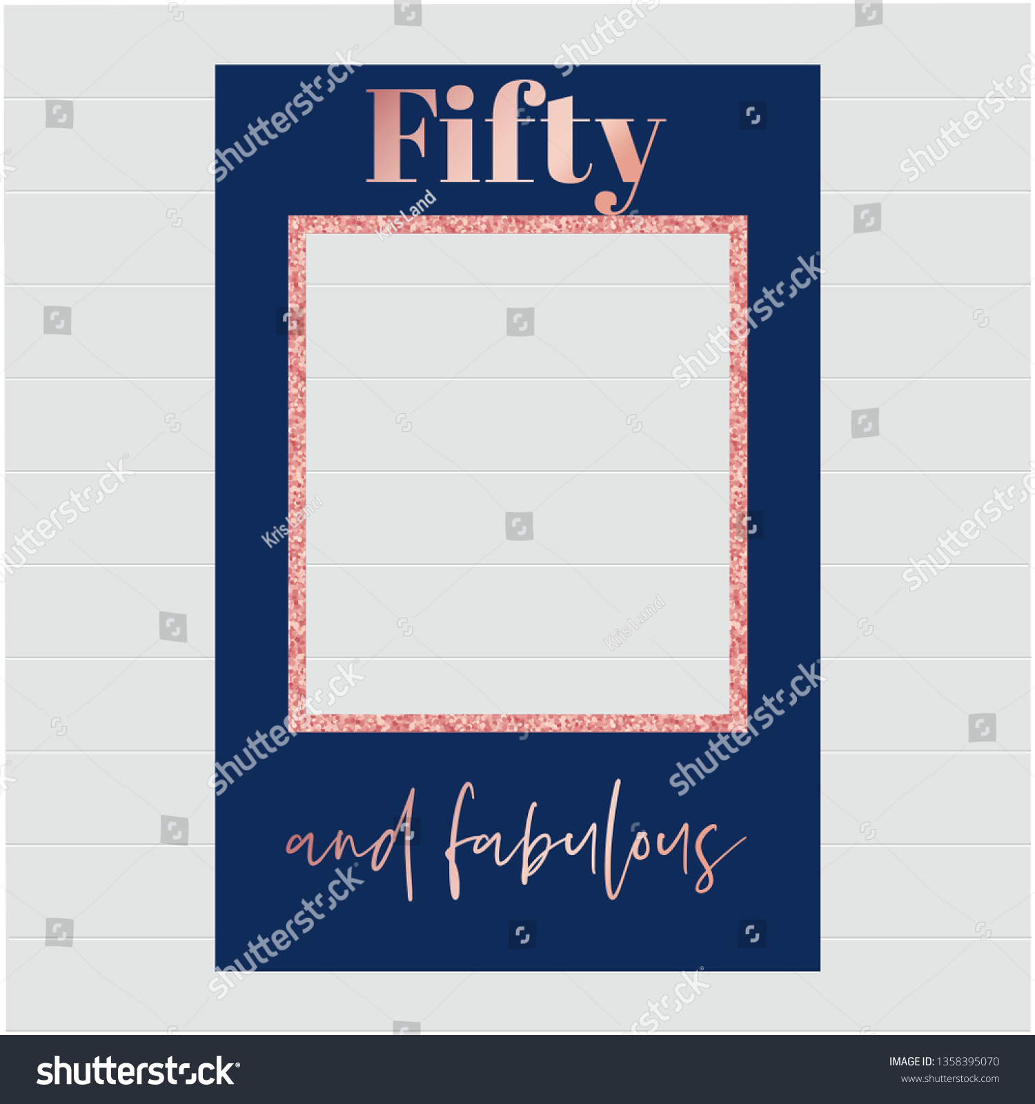 SVG of Fifty and fabulous - 50th birthday blue and rose gold photo booth frame. Strike a Pose photoshooting with props on sticks. Vector template.
 svg