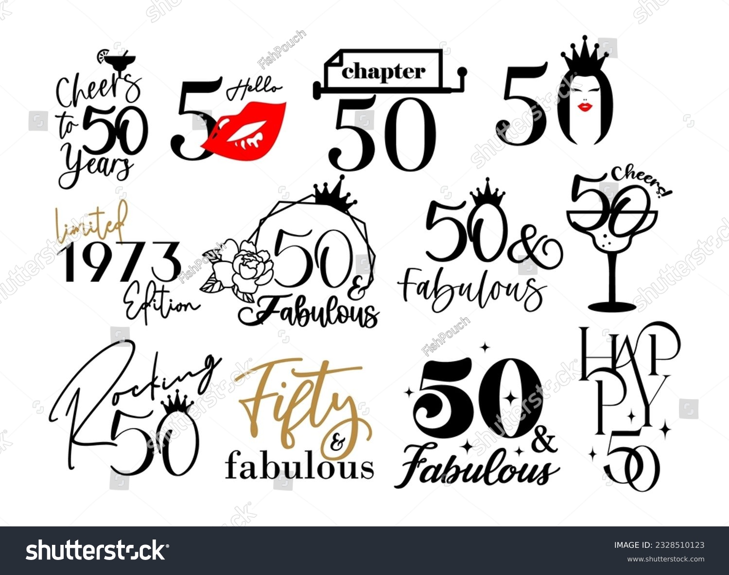 SVG of Fifty and fabulous 50th birthday celebration. Cake topper shirt template for cut file set. Cheers to fifty years anniversary. svg