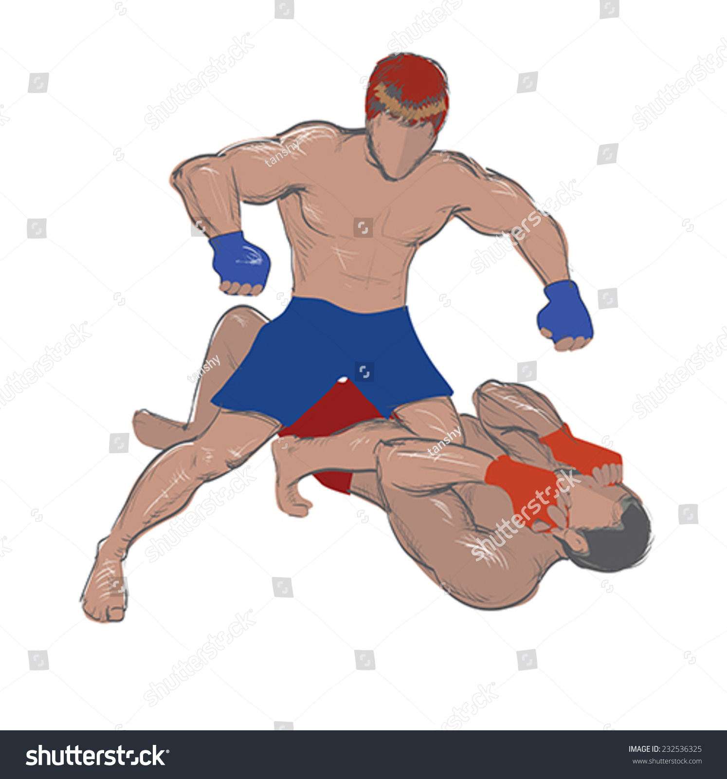 fighters in action, blue shorts, red gloves clip art preview