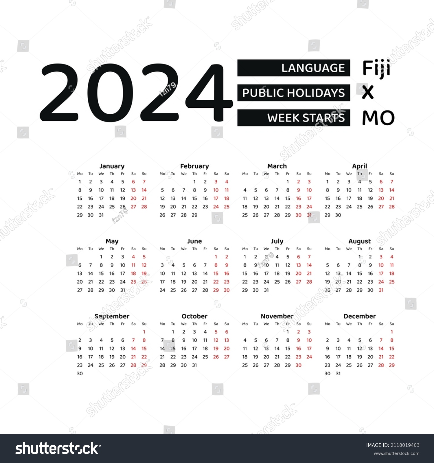 Fiji Calendar 2024 Week Starts Monday Stock Vector (Royalty Free