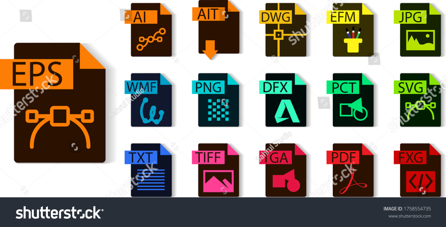 SVG of File format collection. EPS, AI, AIT, DWG, EMF, JPG, SVG, PCT, DXF, PNG, WMF, TXT, TIFF, TGA, PDF, FXG. File type vector and icons. svg
