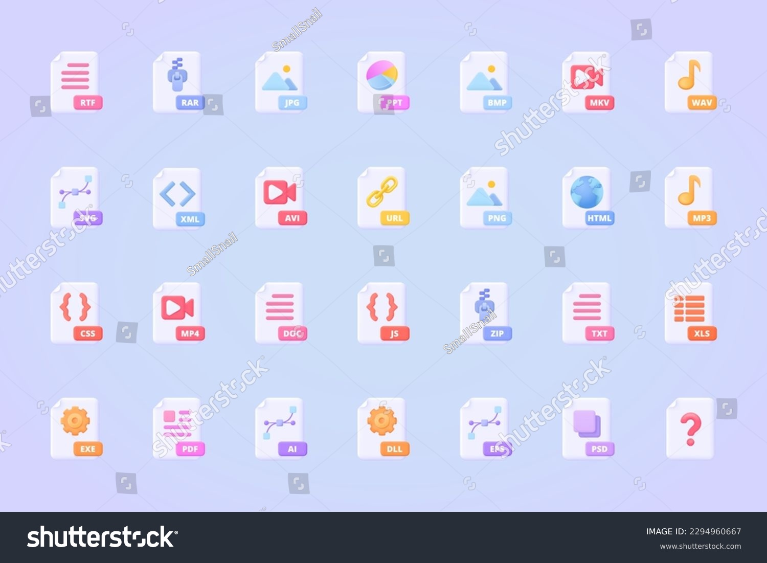 SVG of File type, document format icon set. Large file 3d vector icon collection  for website, print, banner, mobile or desktop application. Three dimensional vector colourful pictogram.  svg