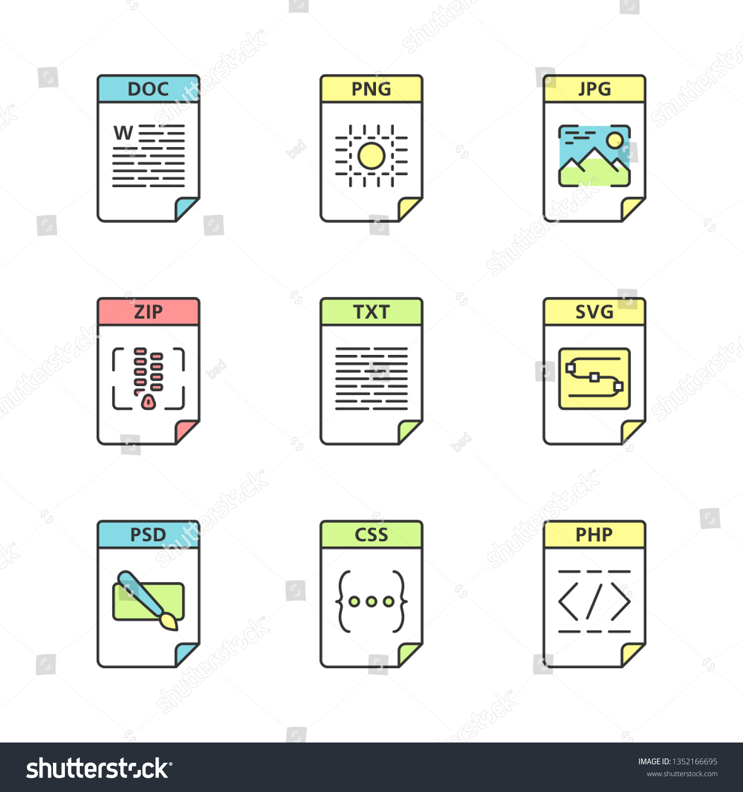 SVG of Files format color icons set. Text, image, archive, webpage files. DOC, PNG, ZIP, TXT, SVG, PSD, CSS, PHP. Isolated vector illustrations svg