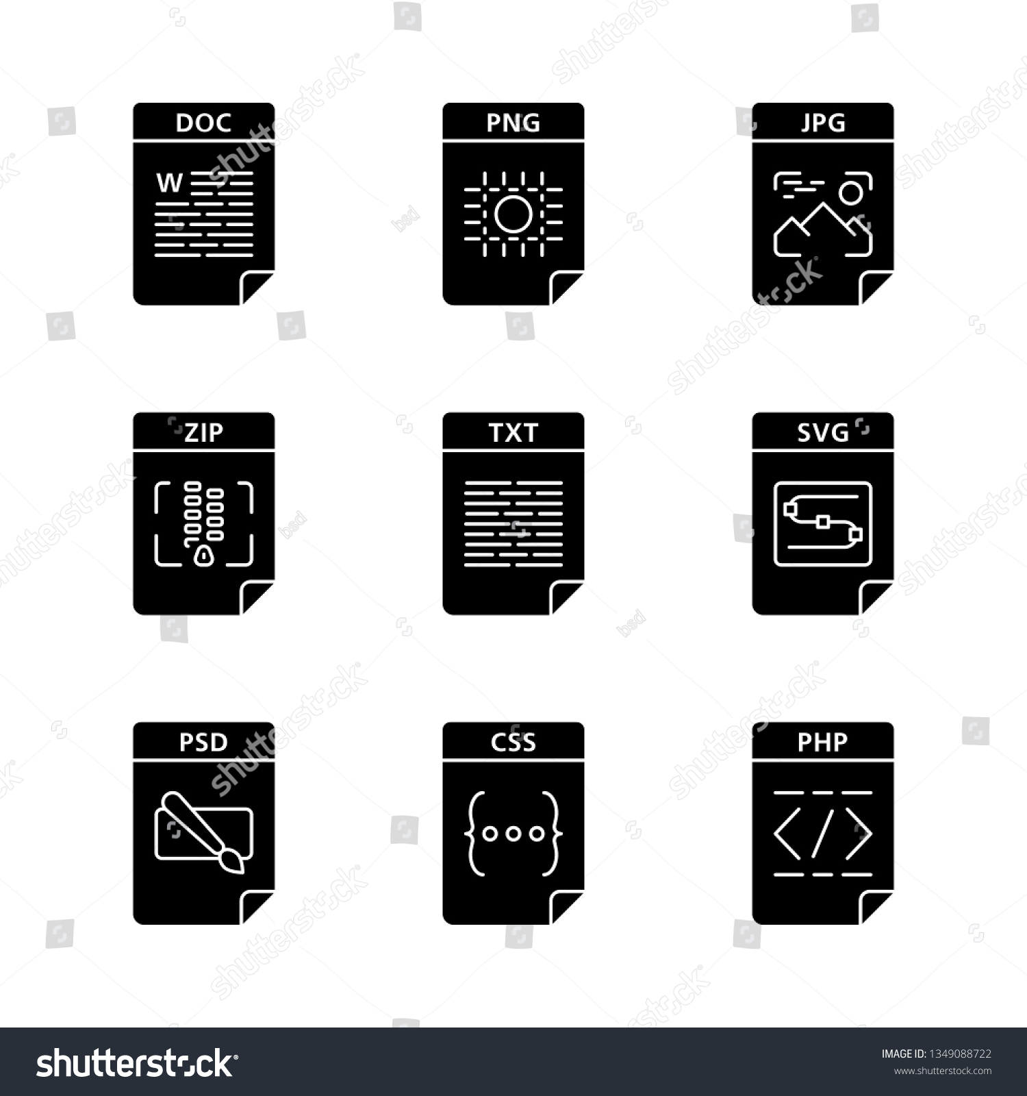 SVG of Files format glyph icons set. Text, image, archive, webpage files. DOC, PNG, ZIP, TXT, SVG, PSD, CSS, PHP. Silhouette symbols. Vector isolated illustration svg