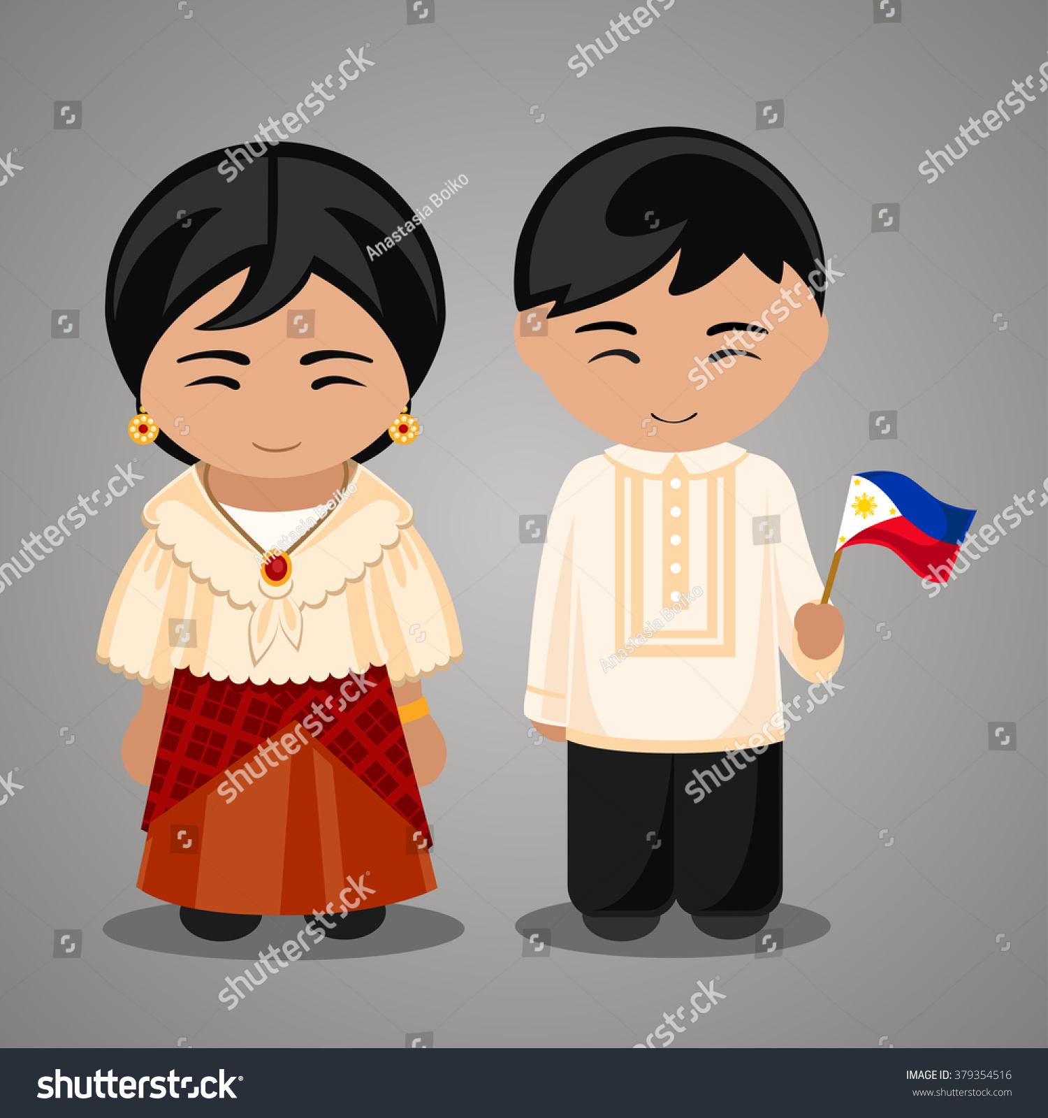 国旗を持つ国装のフィリピン人 伝統衣装を着た男女 フィリピンへ旅行 人 のベクター画像素材 ロイヤリティフリー