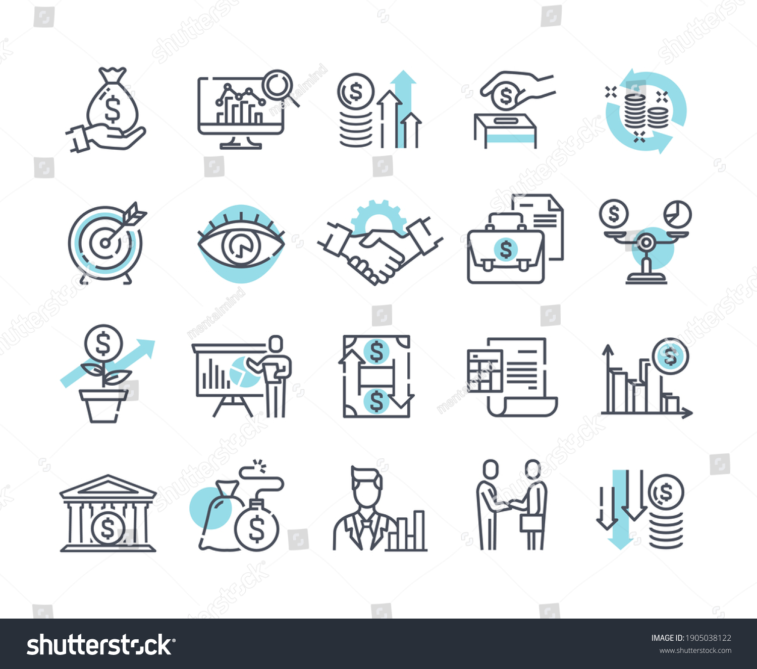 SVG of Financial management outline icons, trade service and investment strategy. Collection of thin line pictograms and infographics. Set of black and white vector illustrations isolated on white background svg
