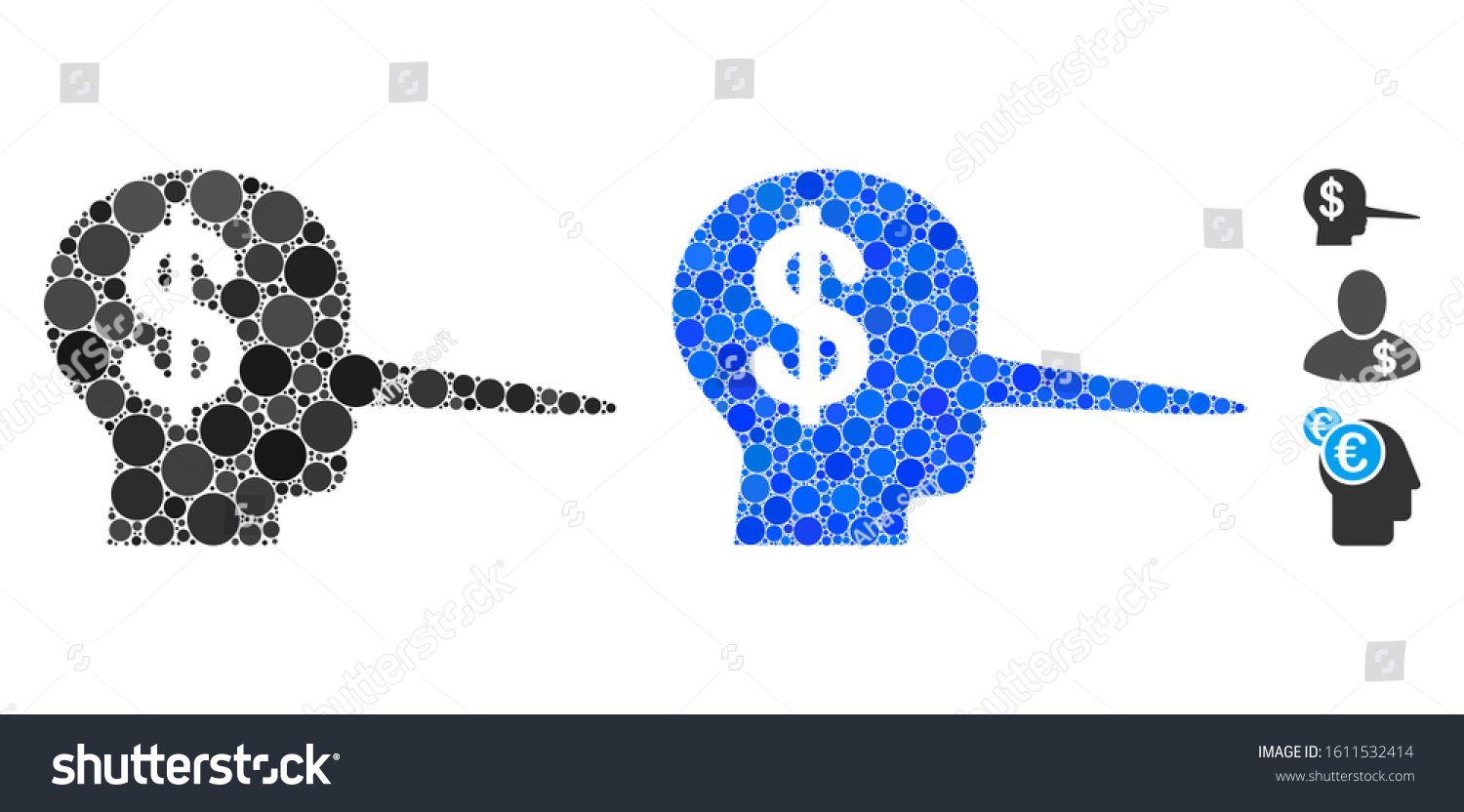 SVG of Financial scammer mosaic of small circles in various sizes and color hues, based on financial scammer icon. Vector random circles are united into blue mosaic. svg
