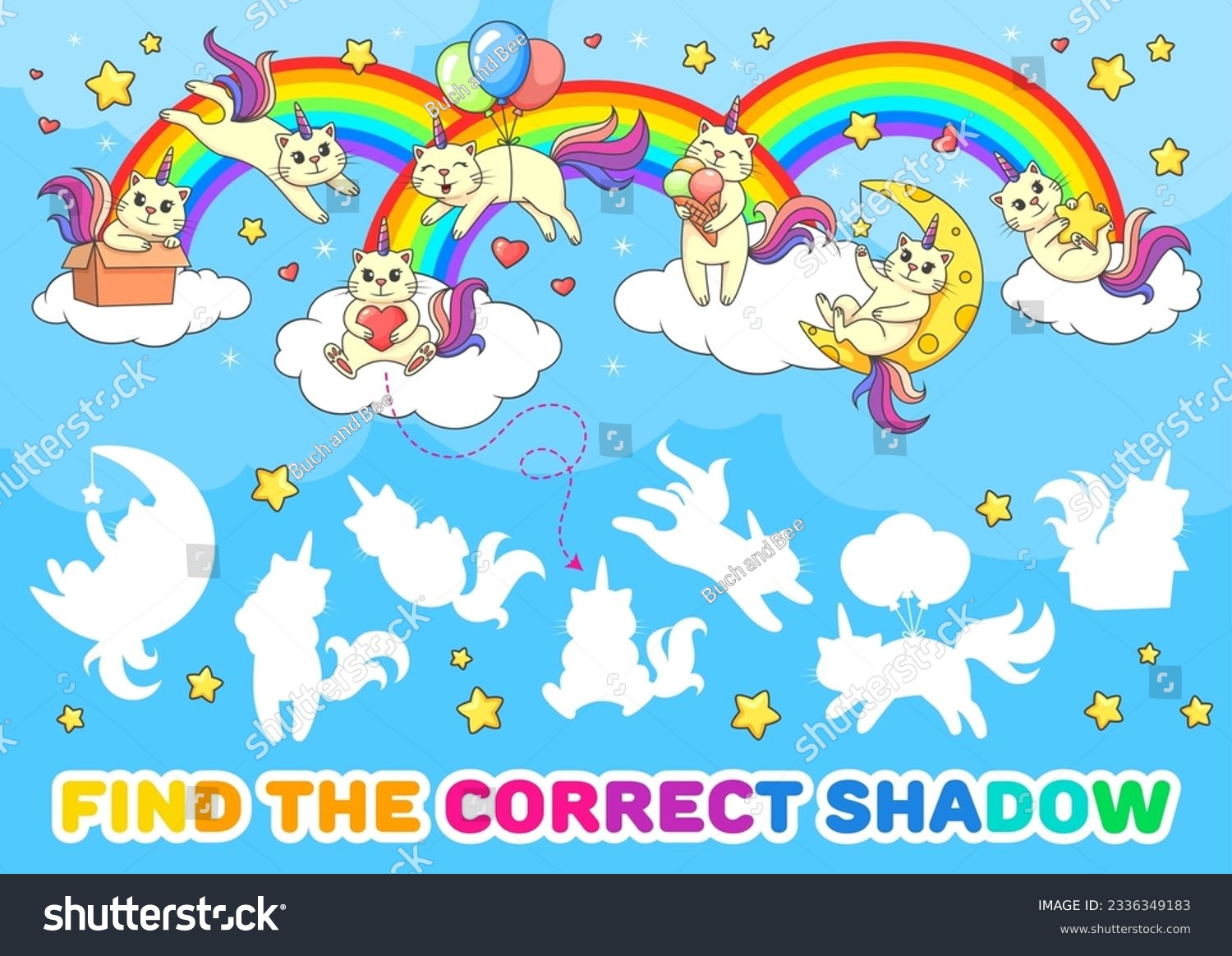 SVG of Find a correct shadow of cute caticorn cats and kittens, matching game worksheet. Vector puzzle quiz of cartoon unicorn cat characters playing with rainbow, balloons, box, ice cream on sky background svg