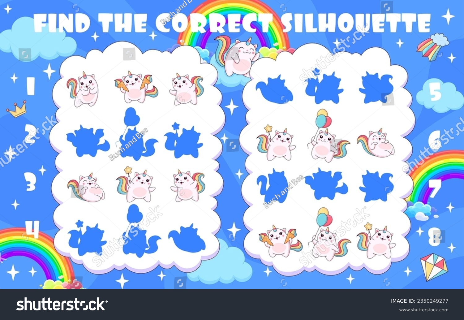 SVG of Find a correct silhouette of caticorn cat and kitten characters. Silhouette find quiz, shadow match kids playing activity vector worksheet with funny caticorn cat personages holding ice cream, balloon svg