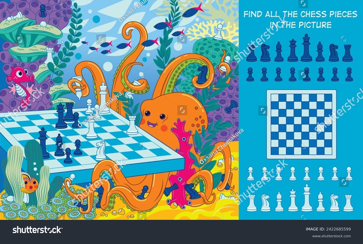 SVG of Find all the chess pieces in the picture. Hidden object puzzle. An octopus and a seahorse play chess. Vector illustration. Funny cartoon characters. svg