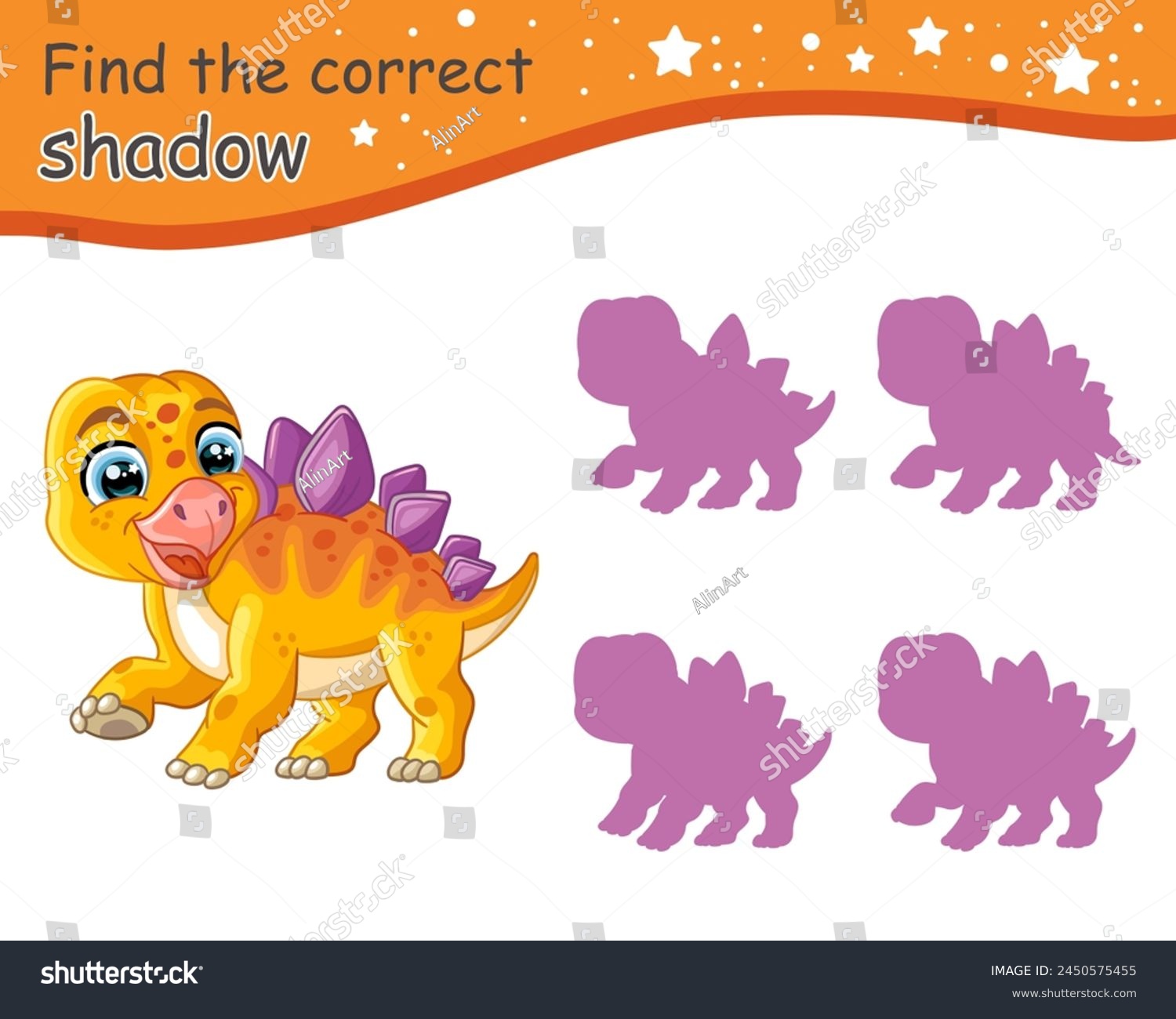 SVG of Find correct shadow. Cute cartoon Stegosaurus dinosaur. Educational matching game for children with cartoon character. Activity, logic game, learning card with task for kids, vector illustration svg