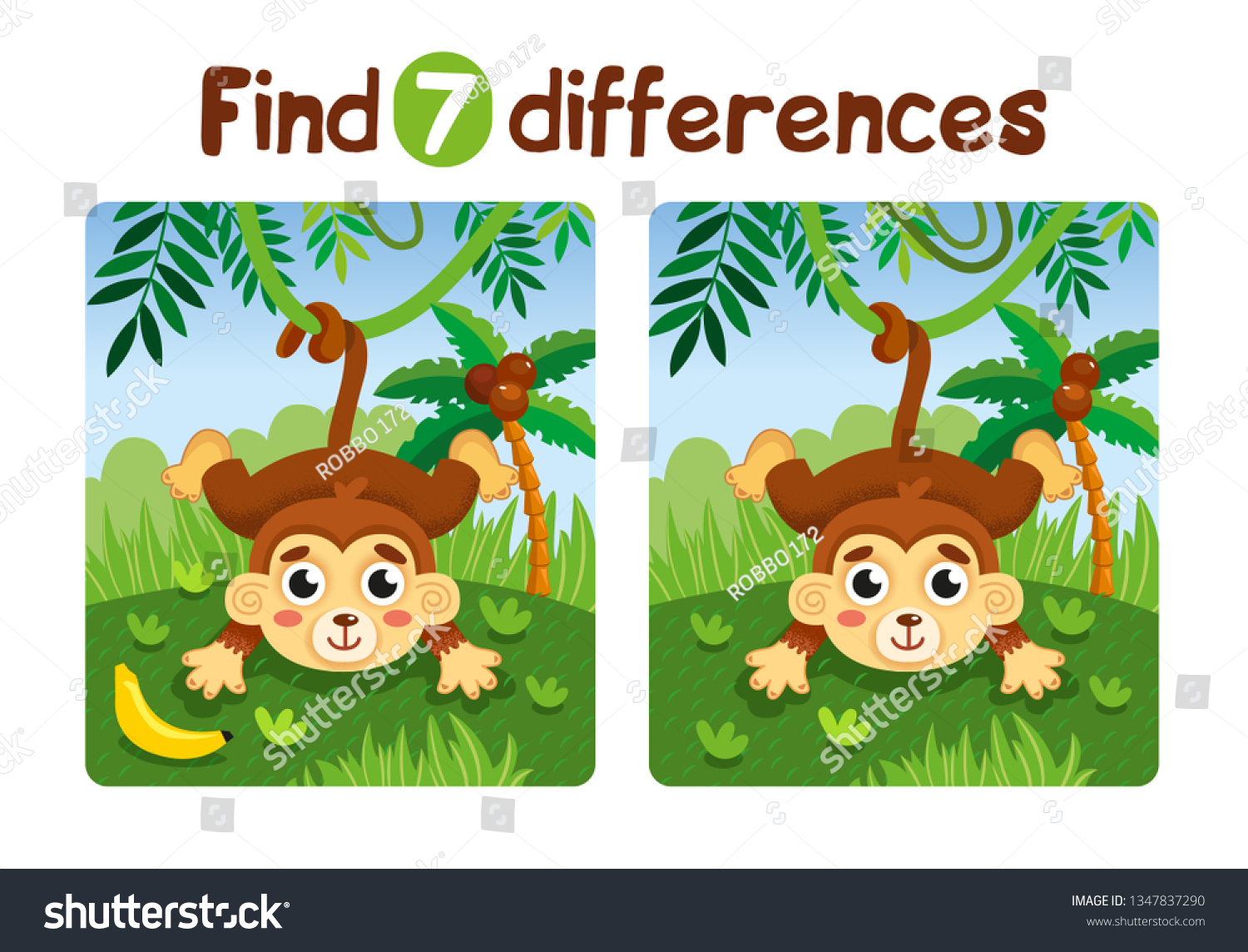 Find 7 Differences Game Kids Monkey: vector de stock (libre de regalías ...