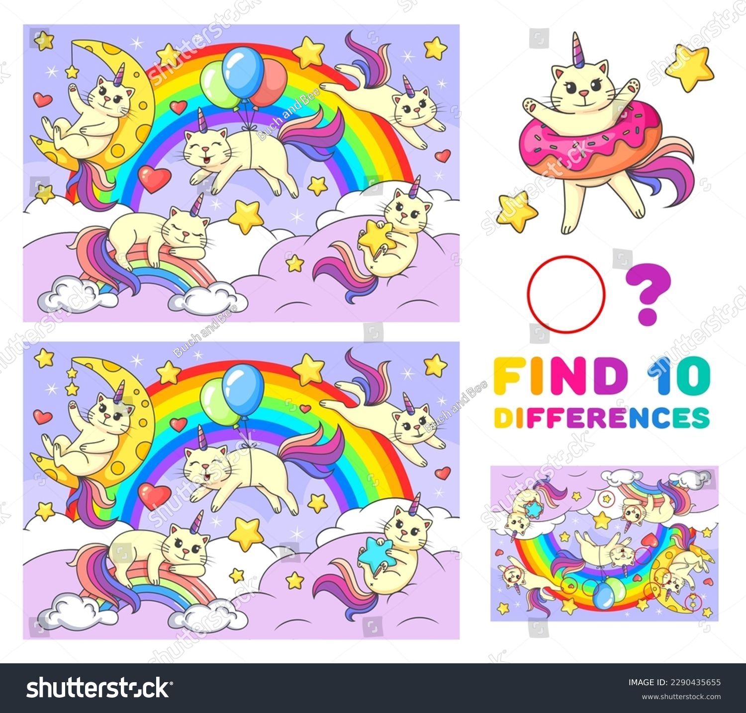 SVG of Find ten differences game. Cartoon funny caticorn cats on rainbow. Kids vector educational or recreational puzzle with cute kawaii unicorn kittens fantasy characters. Children riddle, leisure activity svg