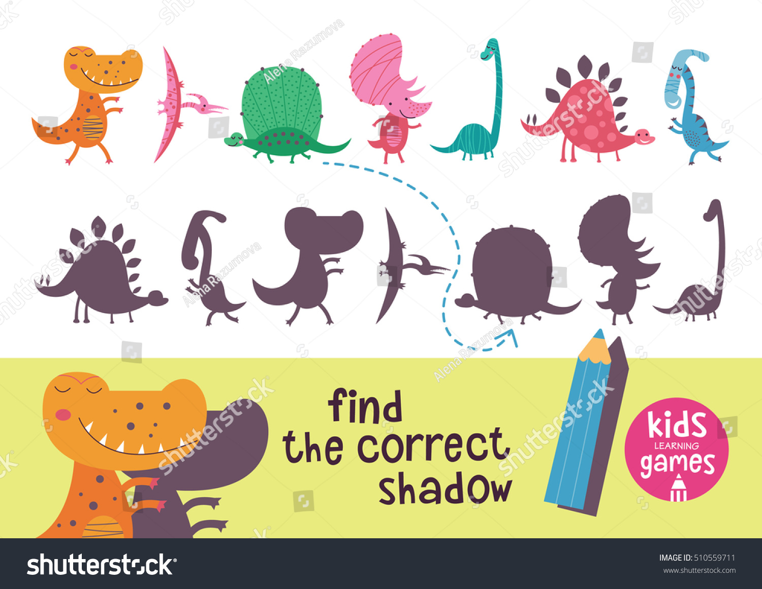 SVG of Find the correct shadow. Kids learning games collection. Cute dinosaurs. svg