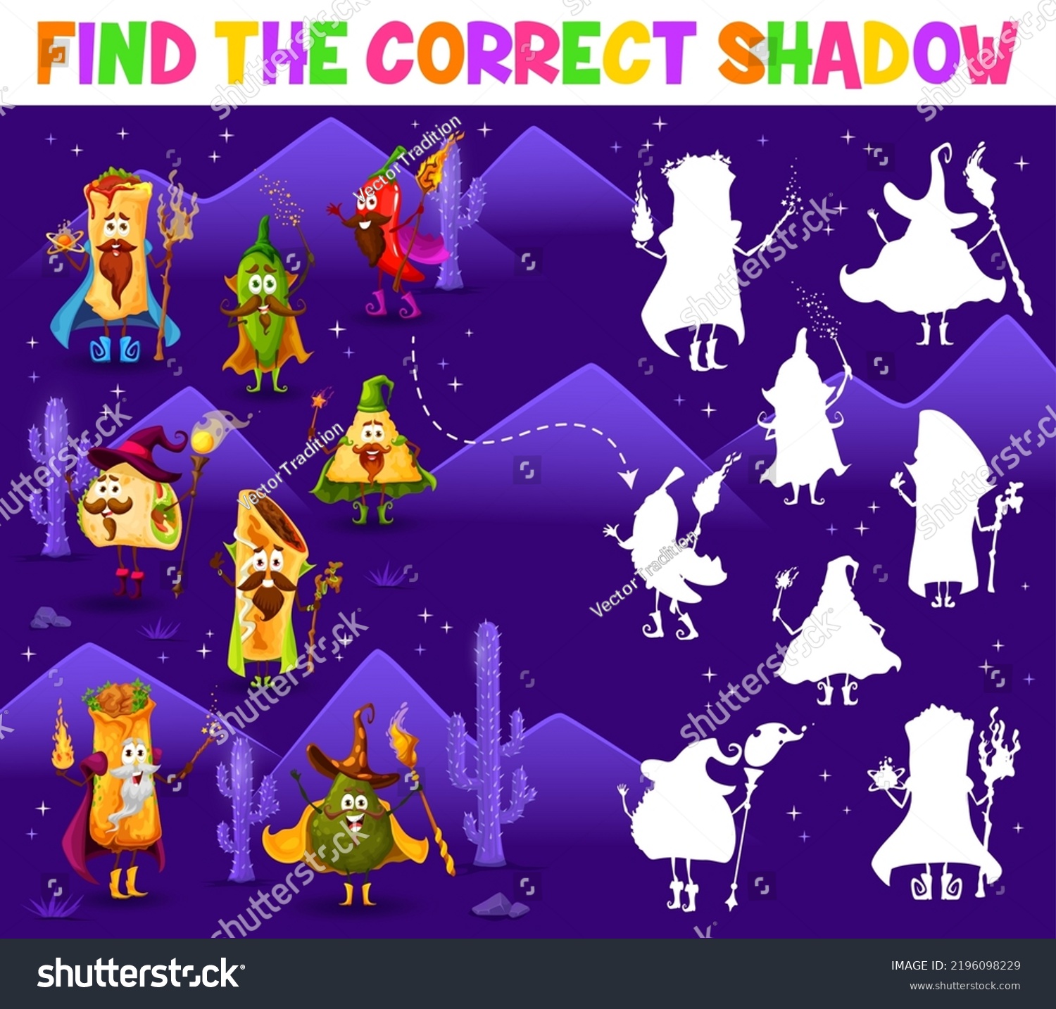 SVG of Find the correct shadow of cartoon tex mex mexican food wizard characters. Matching game vector worksheet with tacos, chimichanga, enchiladas and burrito, chili and jalapeno, nachos and avocado svg
