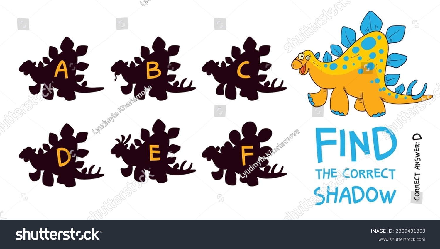 SVG of Find the correct shadow. Stegosaurus. Educational game for children. Choose correct answer. Matching game. Colorful cartoon characters. Funny vector illustration. Isolated on white background svg